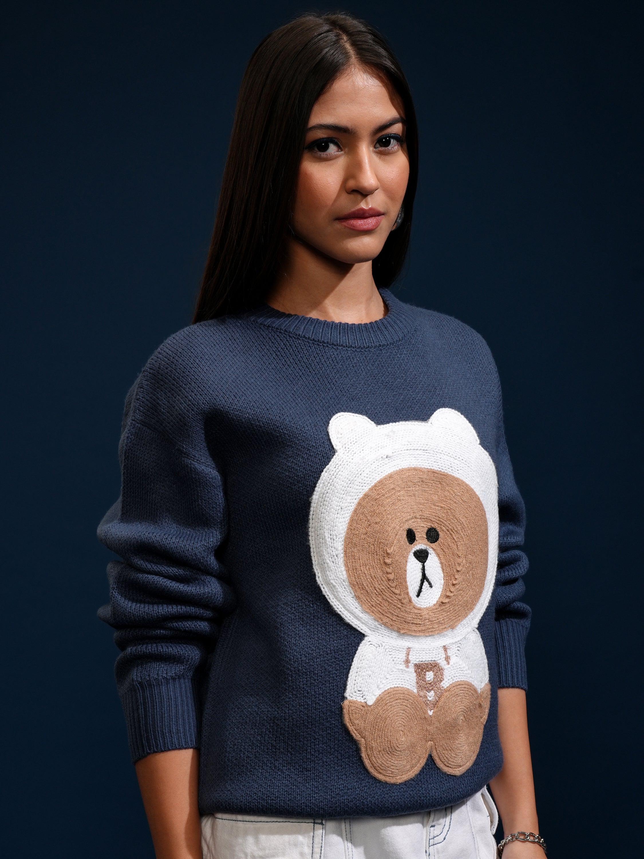 Tokyo Talkies Women Blue Round Neck Sweater - Blue - Image 6