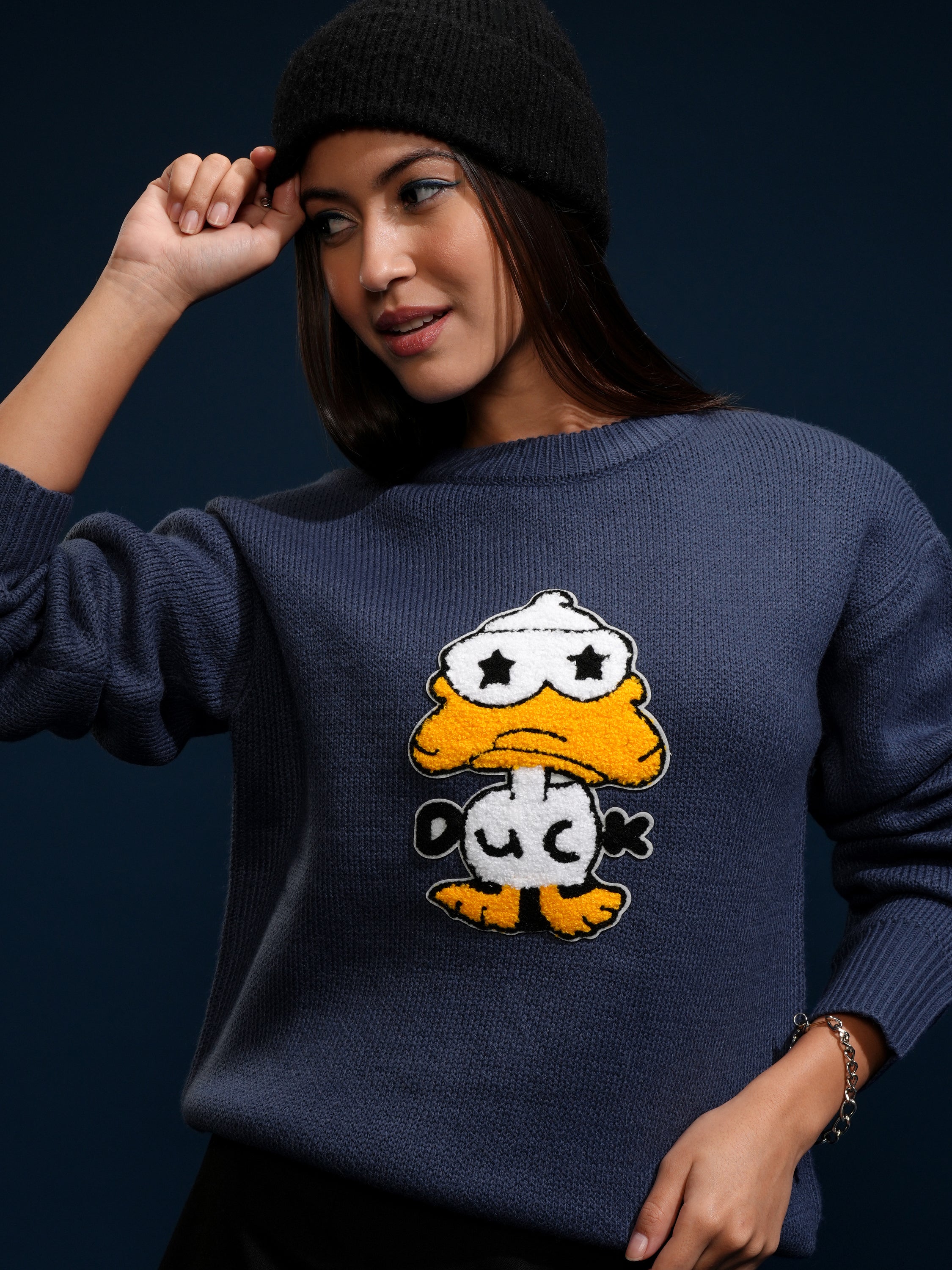 Tokyo Talkies Women Blue Round Neck Sweater - Blue - Image 1