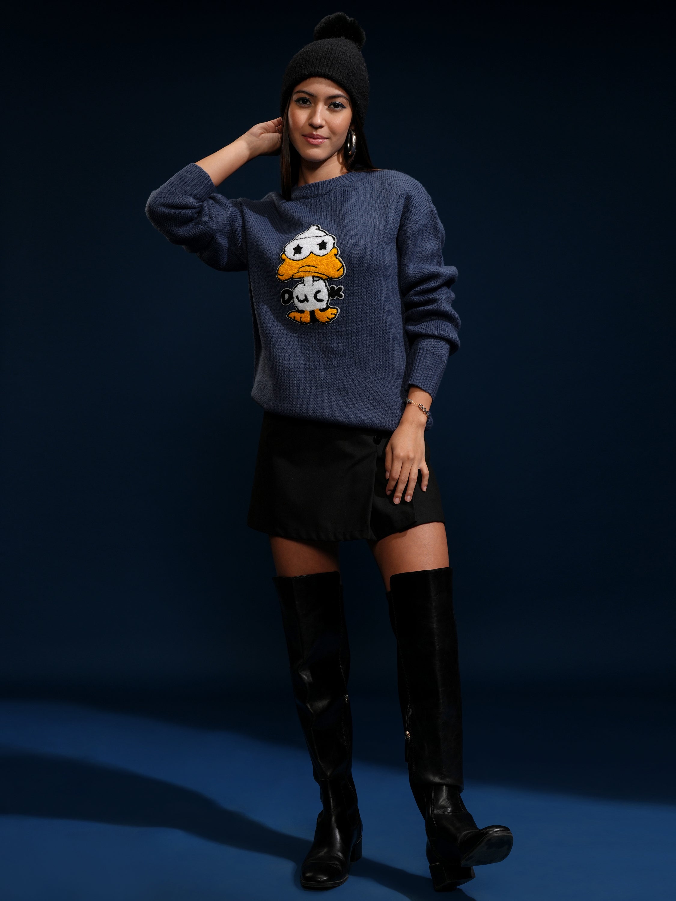 Tokyo Talkies Women Blue Round Neck Sweater - Blue - Image 2