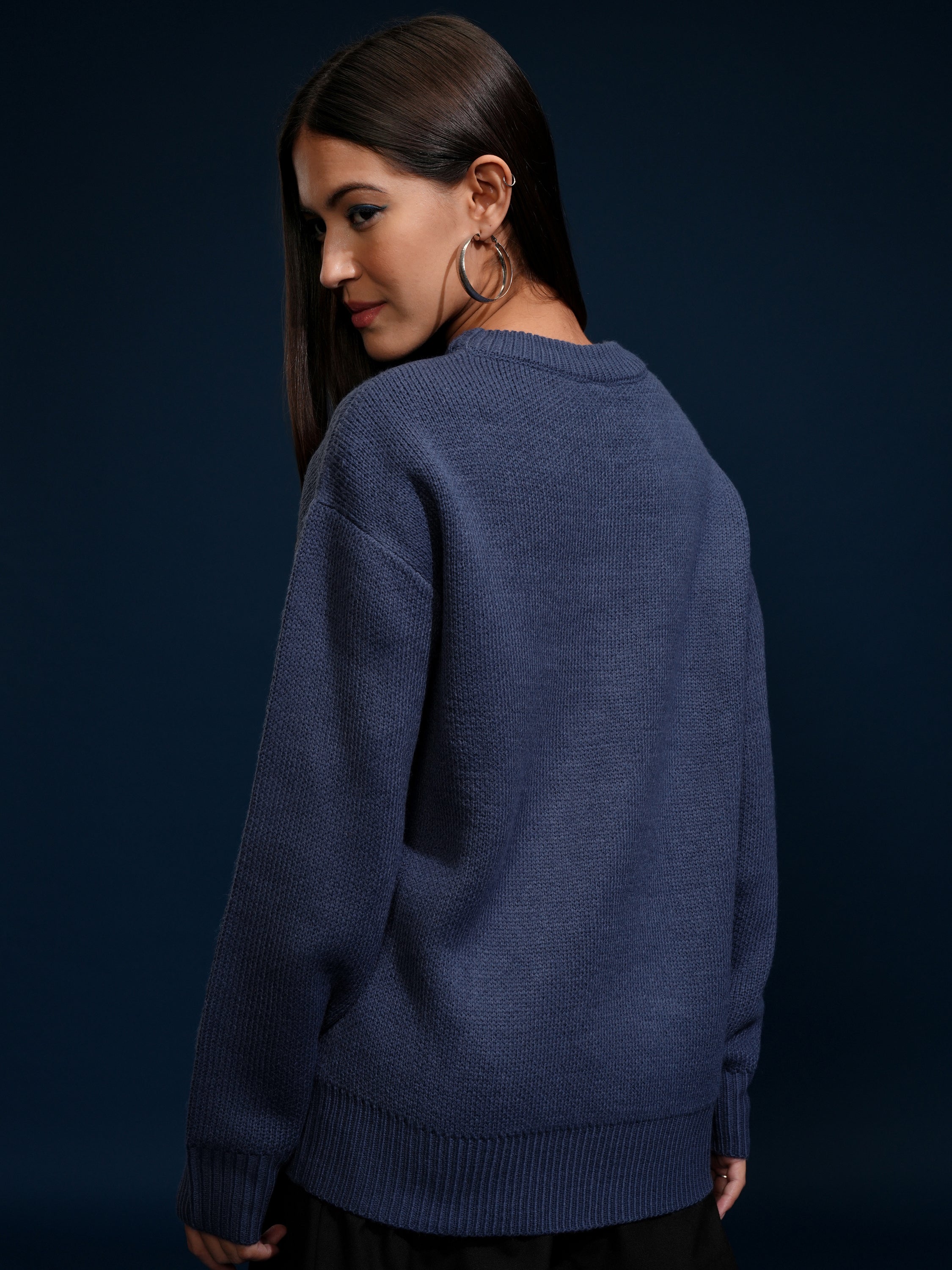 Tokyo Talkies Women Blue Round Neck Sweater - Blue - Image 3