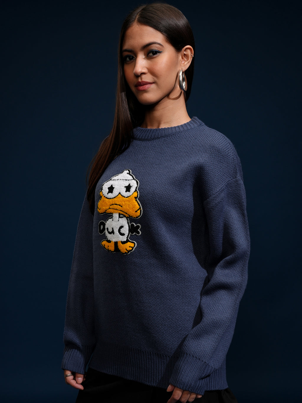 Tokyo Talkies Women Blue Round Neck Sweater - Blue - Image 4