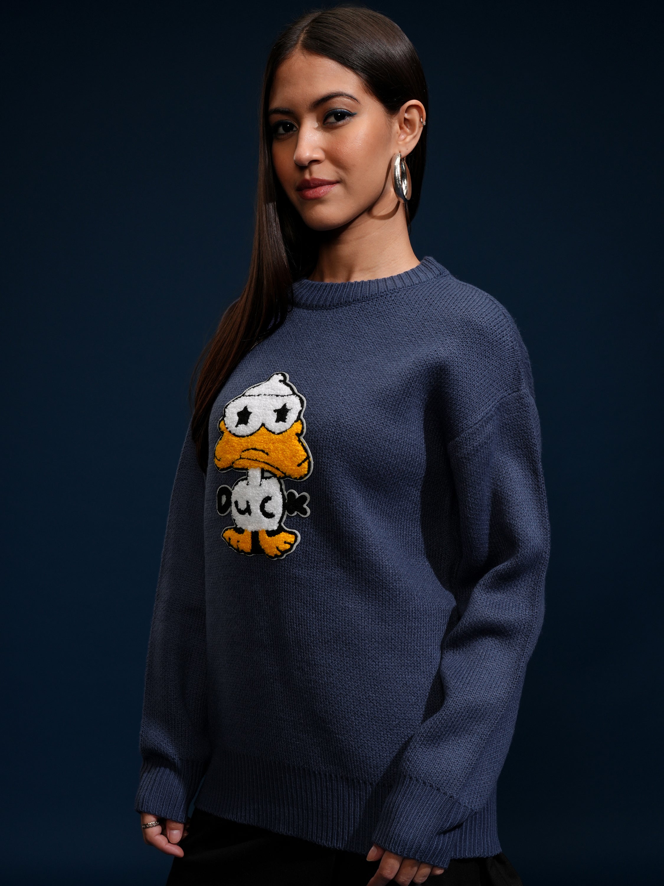Tokyo Talkies Women Blue Round Neck Sweater - Blue - Image 4