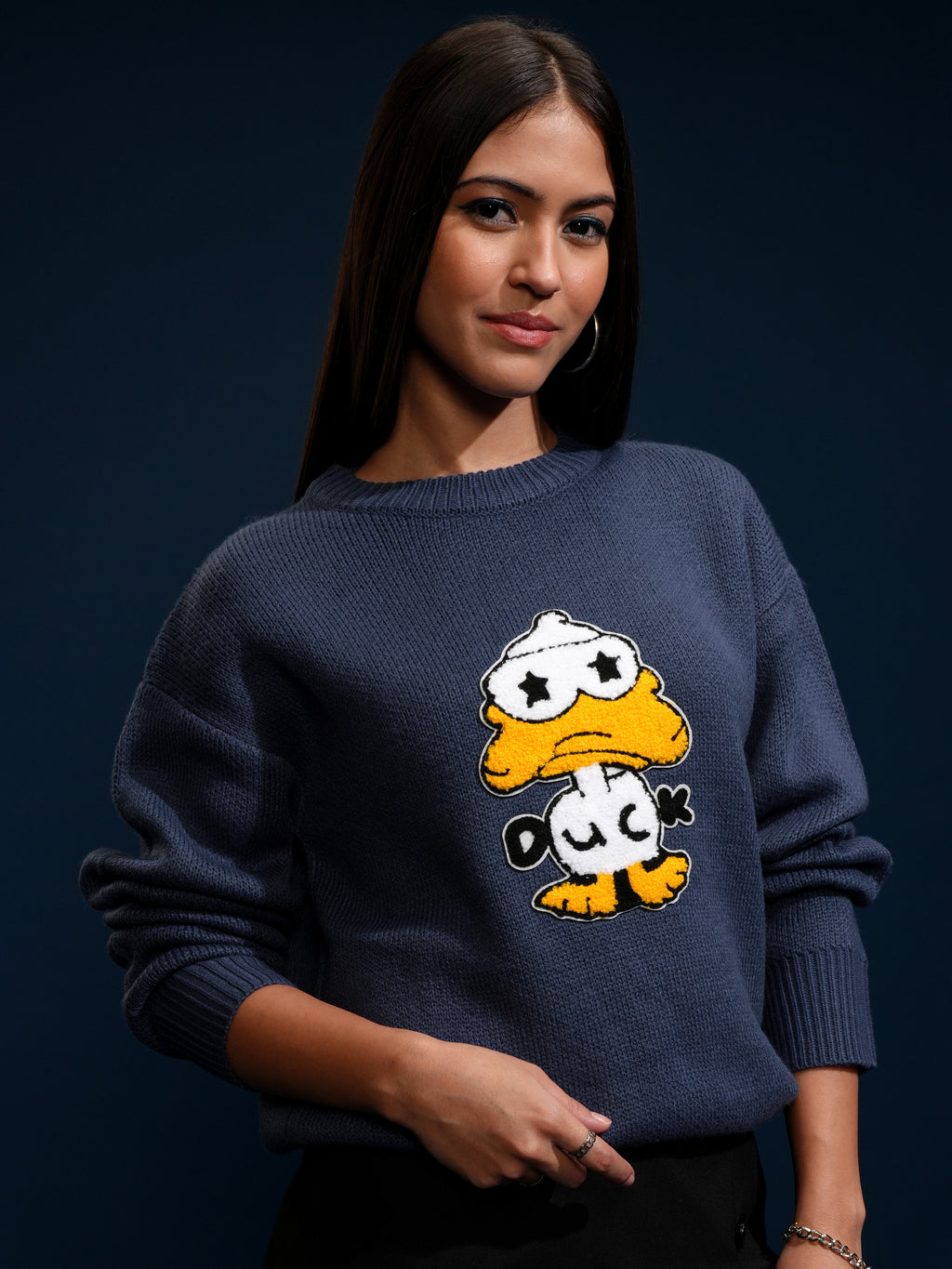 Tokyo Talkies Women Blue Round Neck Sweater - Blue - Image 6