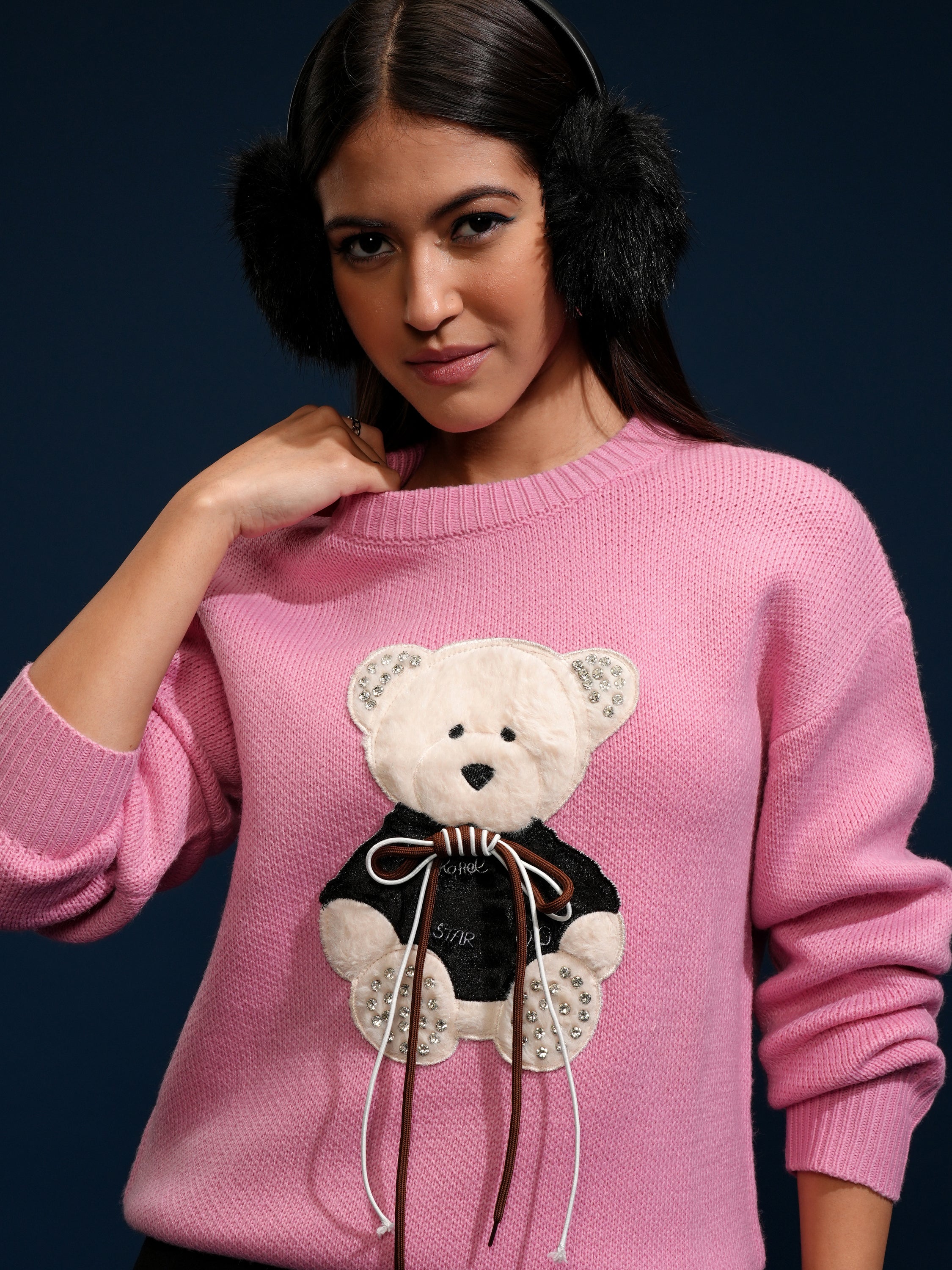 Tokyo Talkies Women Pink Round Neck Sweater - Pink - Image 1