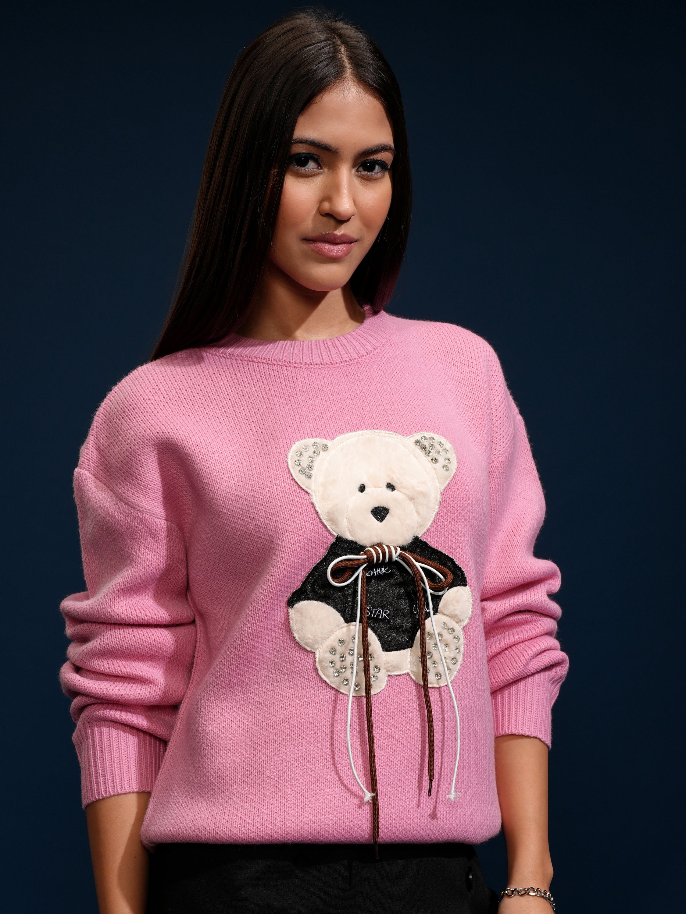 Tokyo Talkies Women Pink Round Neck Sweater - Pink - Image 6