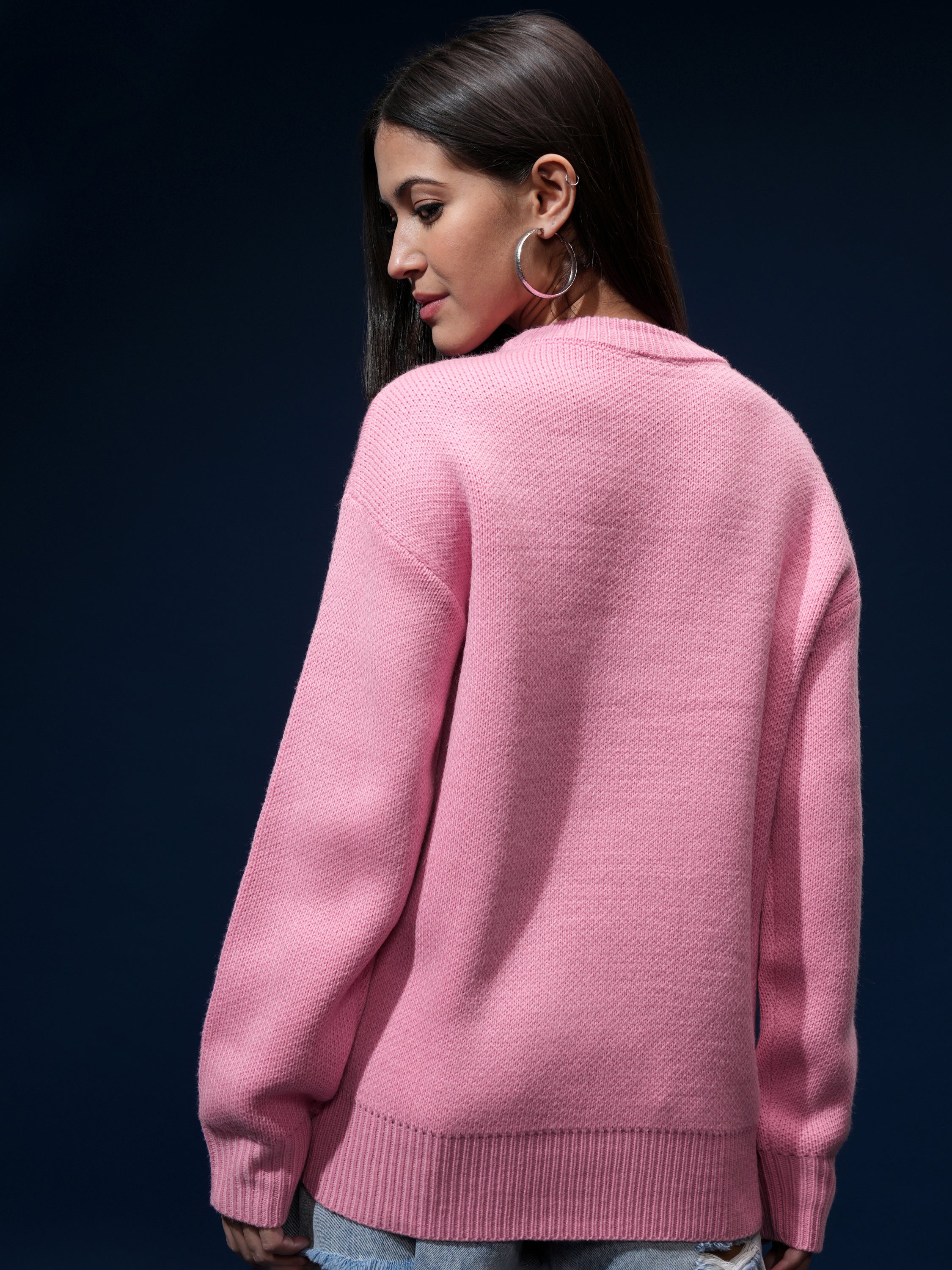 Tokyo Talkies Women Pink Round Neck Sweater - Pink - Image 3