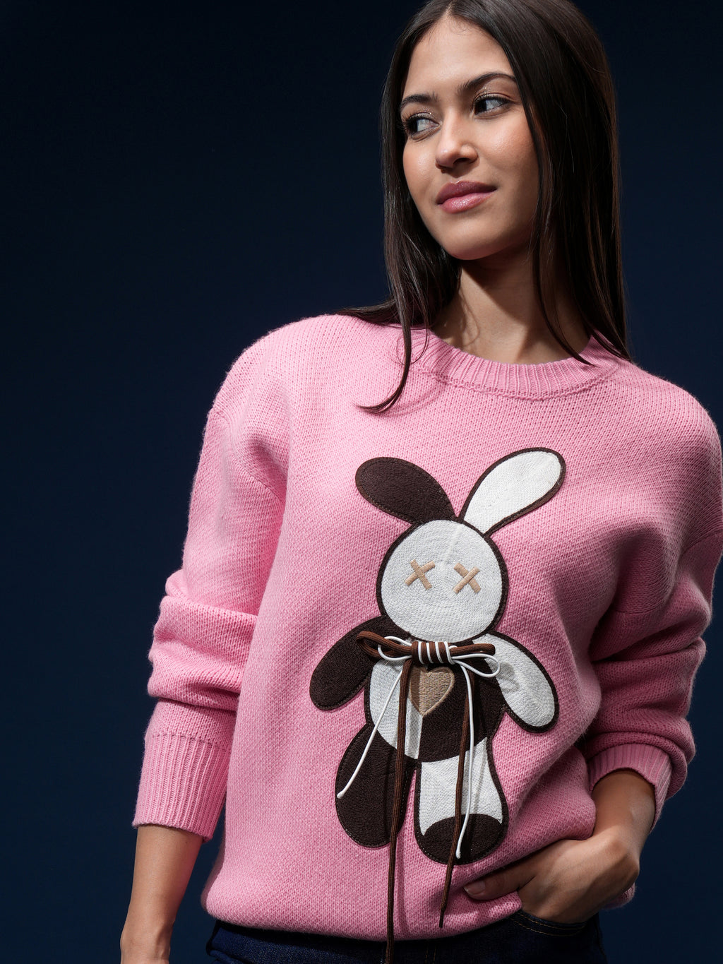 Tokyo Talkies Women Pink Round Neck Sweater - Pink - Image 1