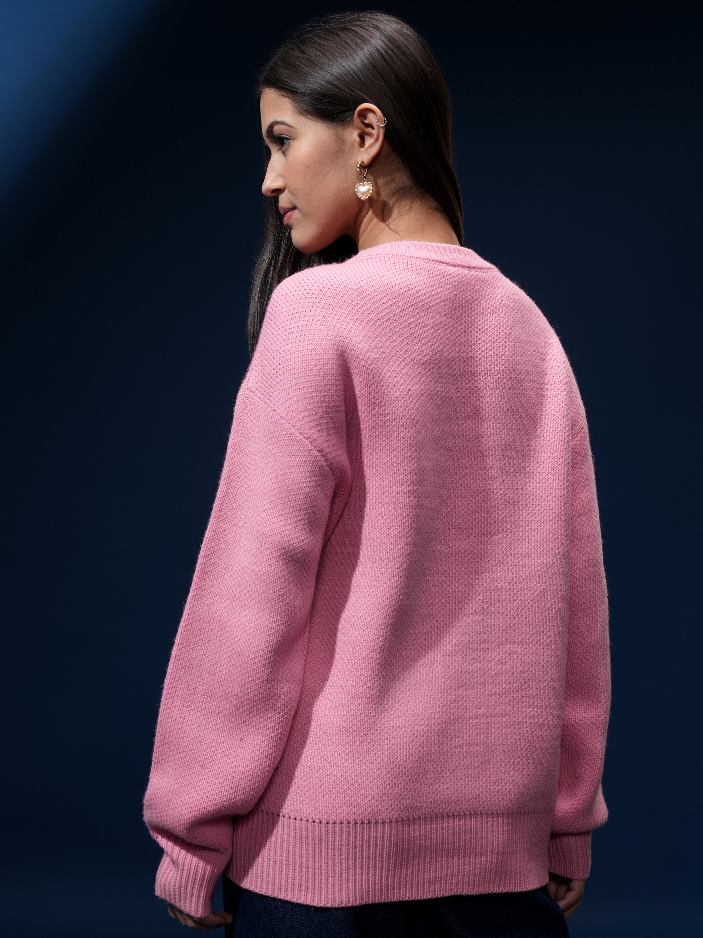 Tokyo Talkies Women Pink Round Neck Sweater - Pink - Image 3
