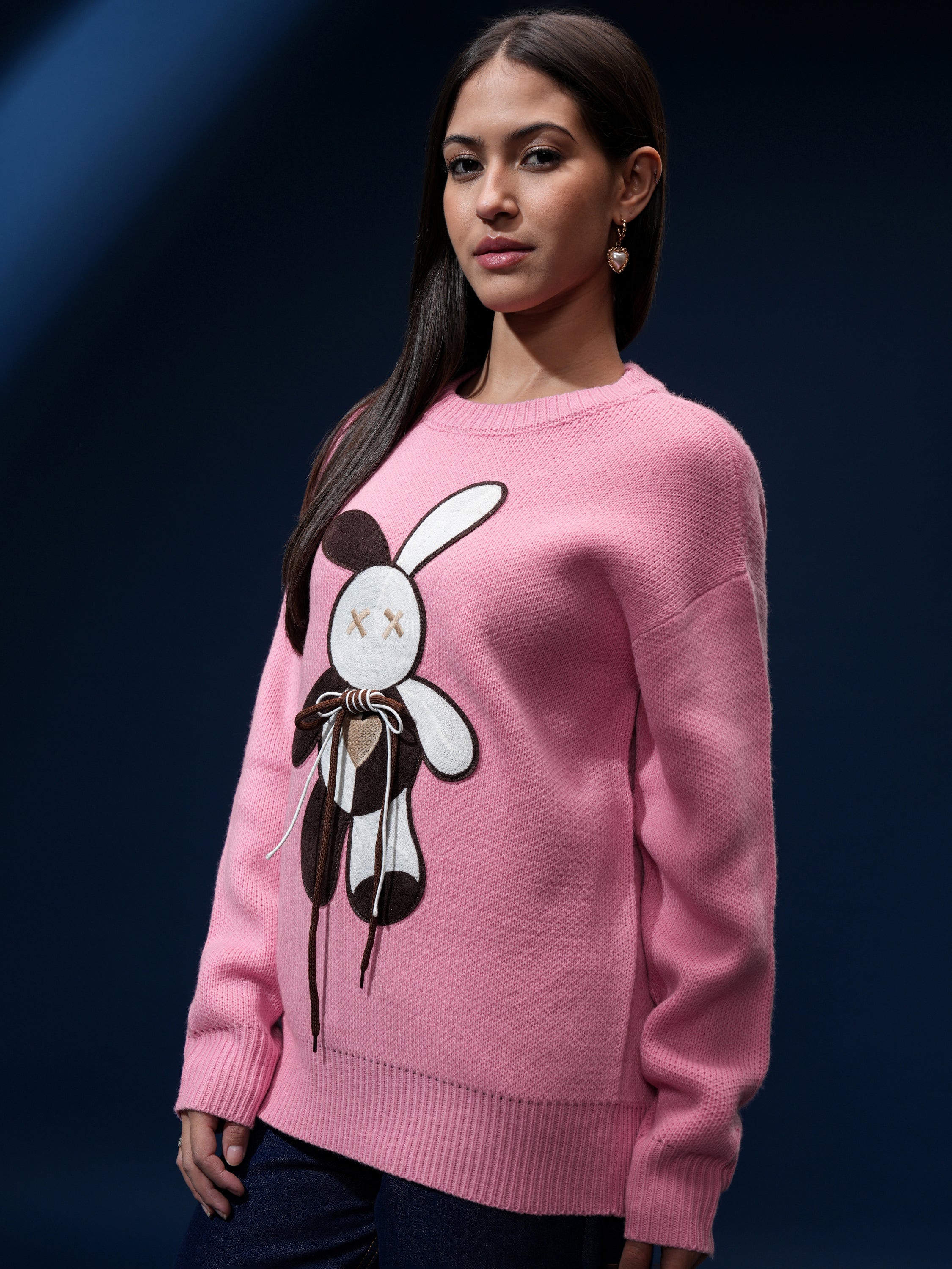 Tokyo Talkies Women Pink Round Neck Sweater - Pink - Image 4