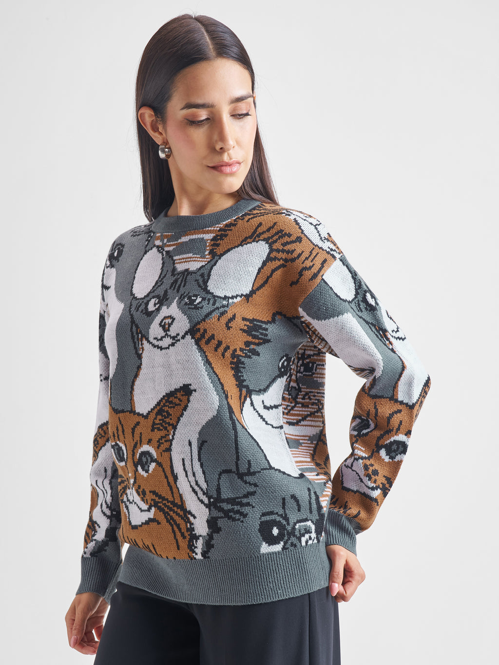 Tokyo Talkies Women Grey Round Neck Sweatshirts - Grey - Image 4