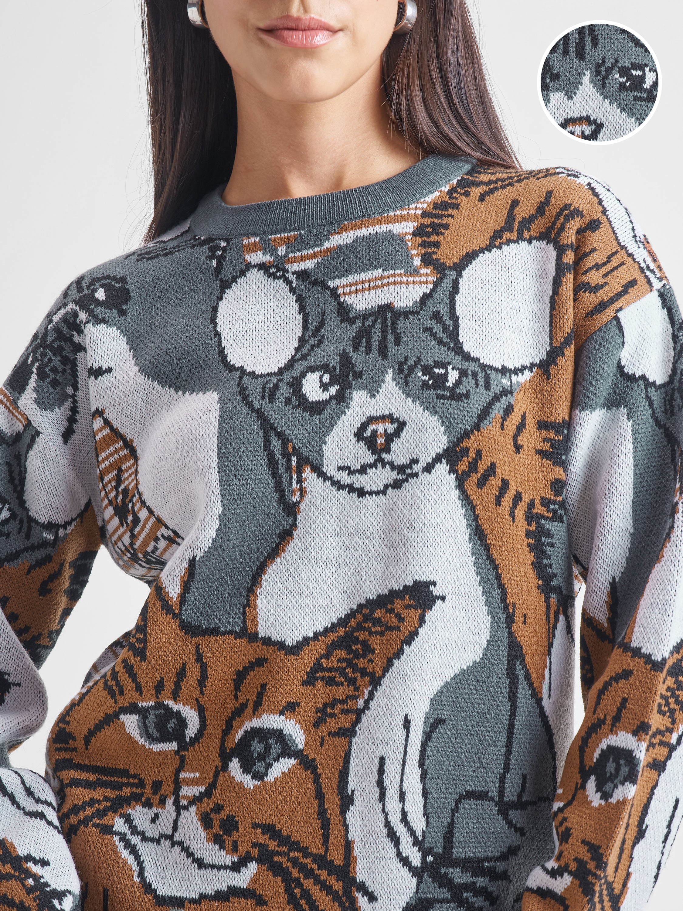 Tokyo Talkies Women Grey Round Neck Sweatshirts - Grey - Image 5