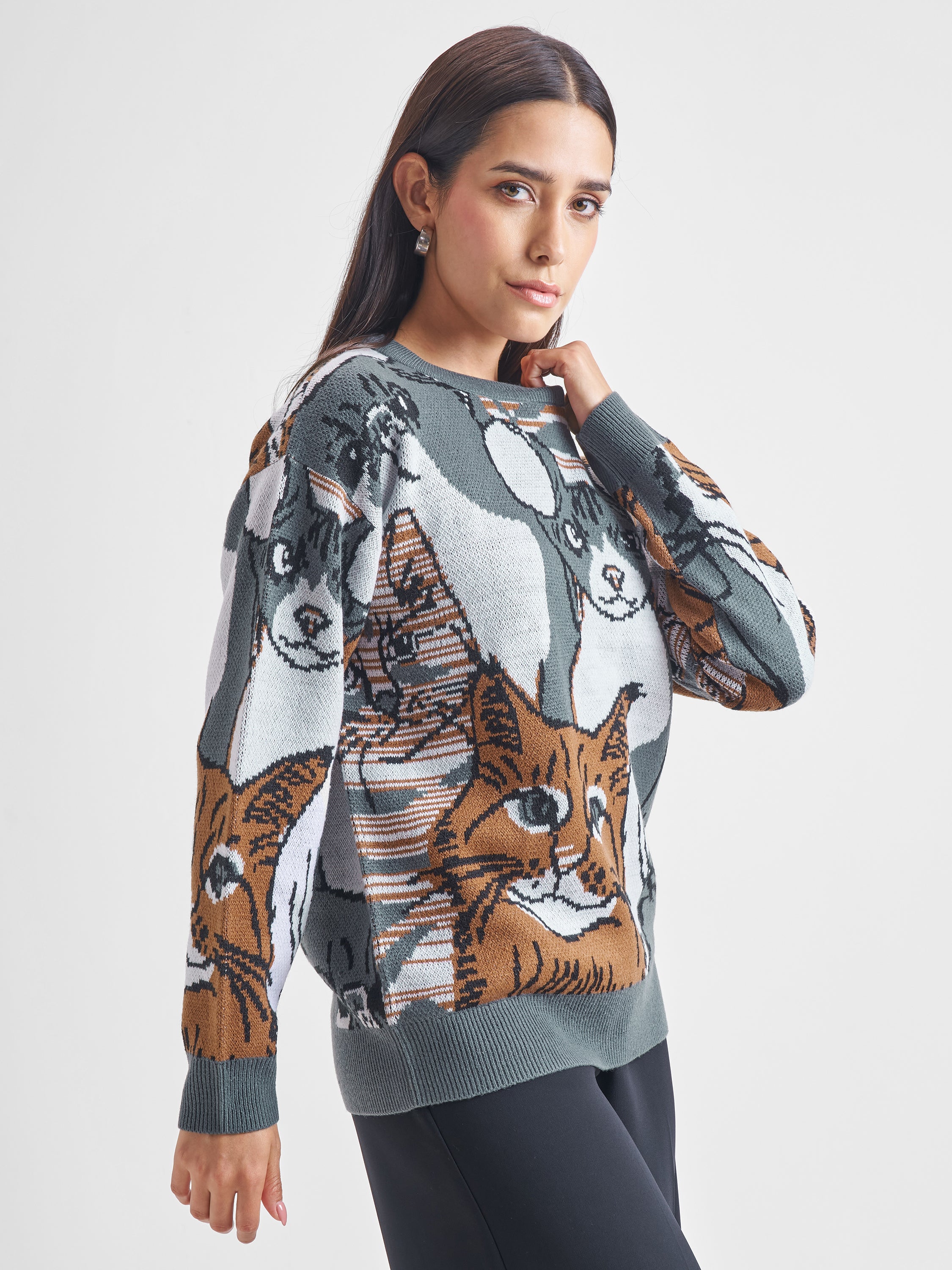 Tokyo Talkies Women Grey Round Neck Sweatshirts - Grey - Image 6