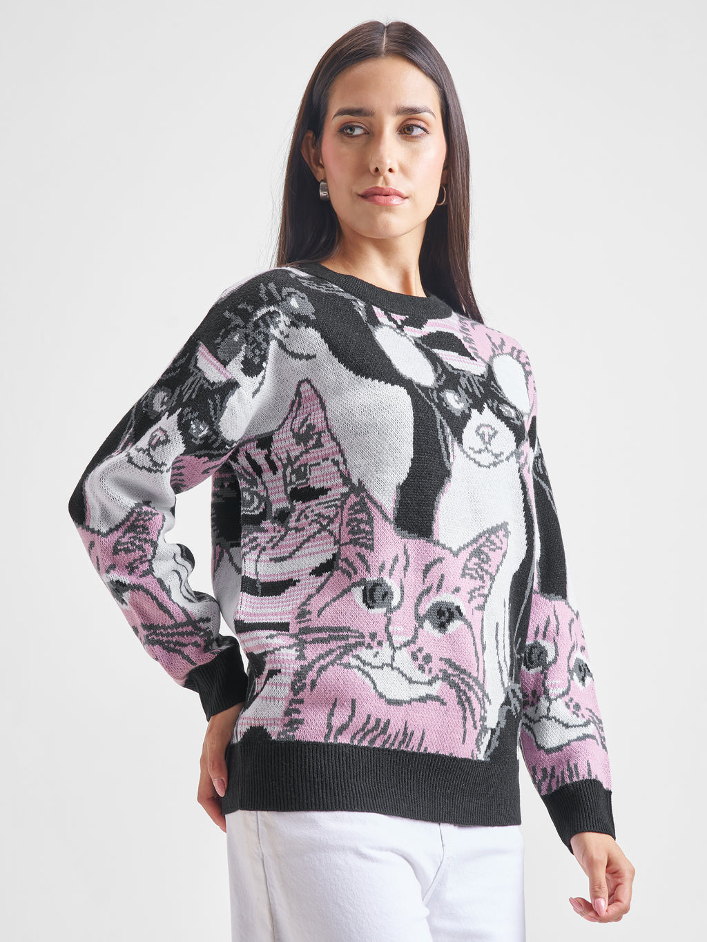 Tokyo Talkies Women Black Round Neck Sweater - Black - Image 6