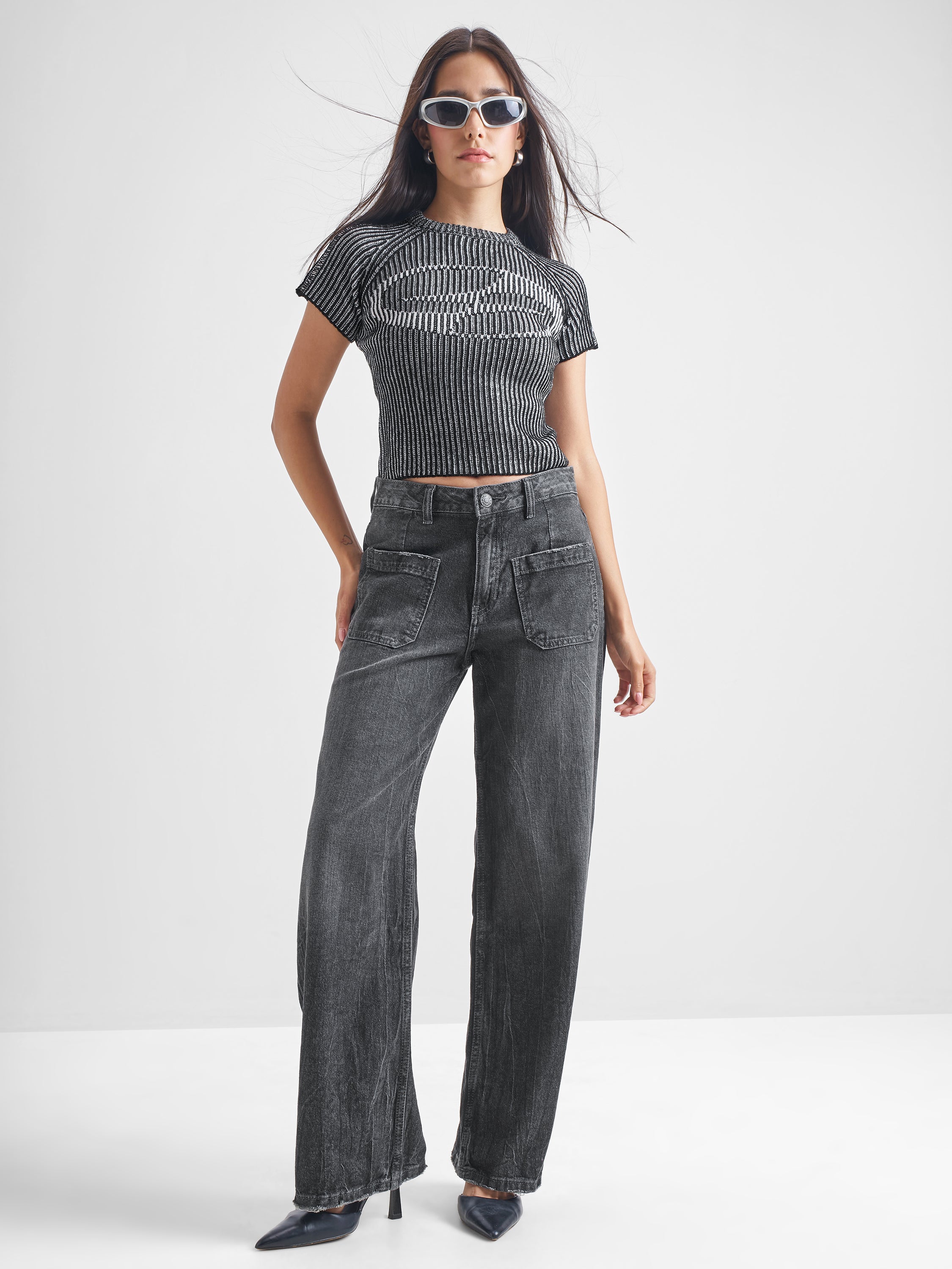 Tokyo Talkies Women Black Round Neck Sweater - Black - Image 2