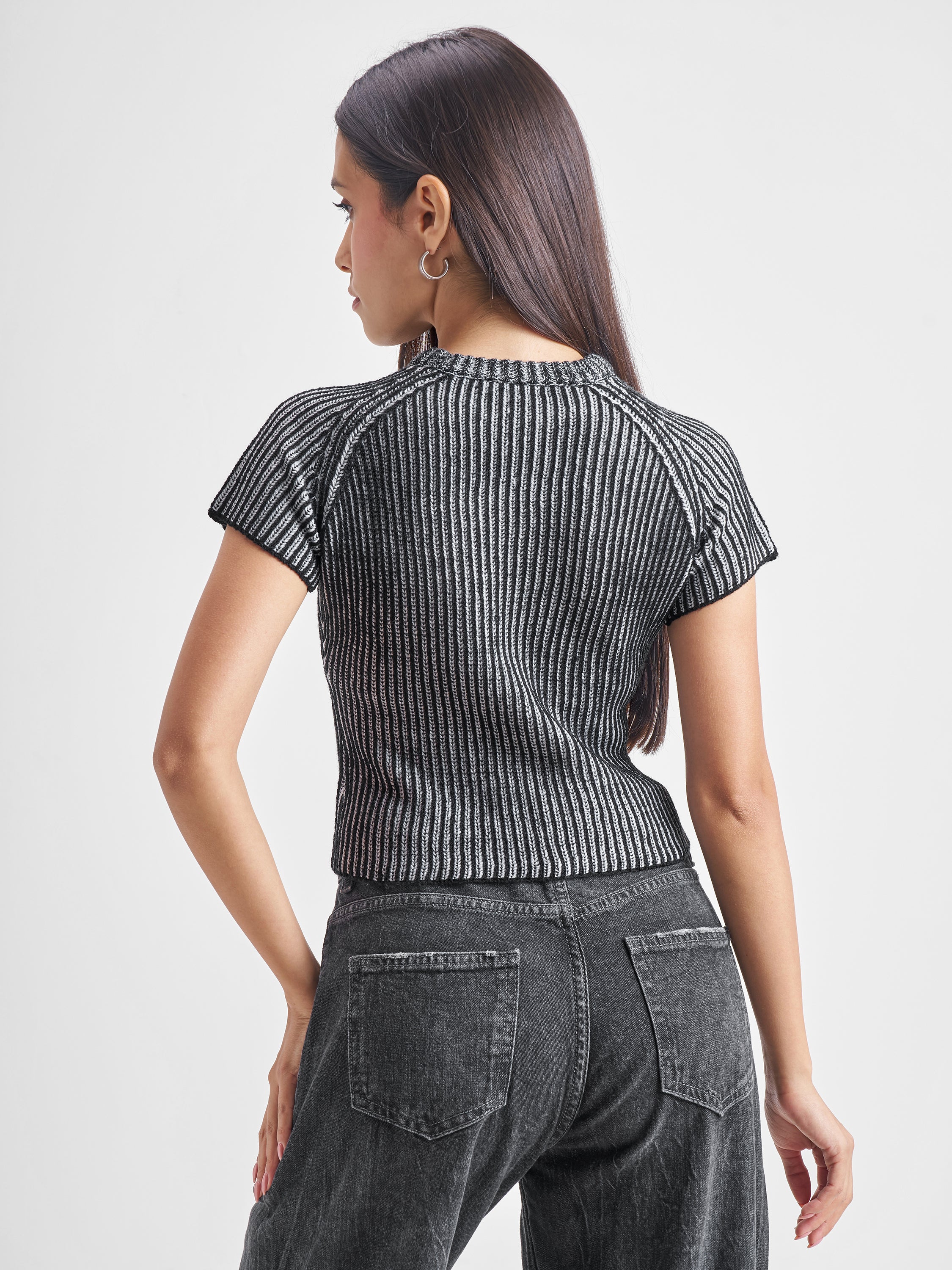 Tokyo Talkies Women Black Round Neck Sweater - Black - Image 3
