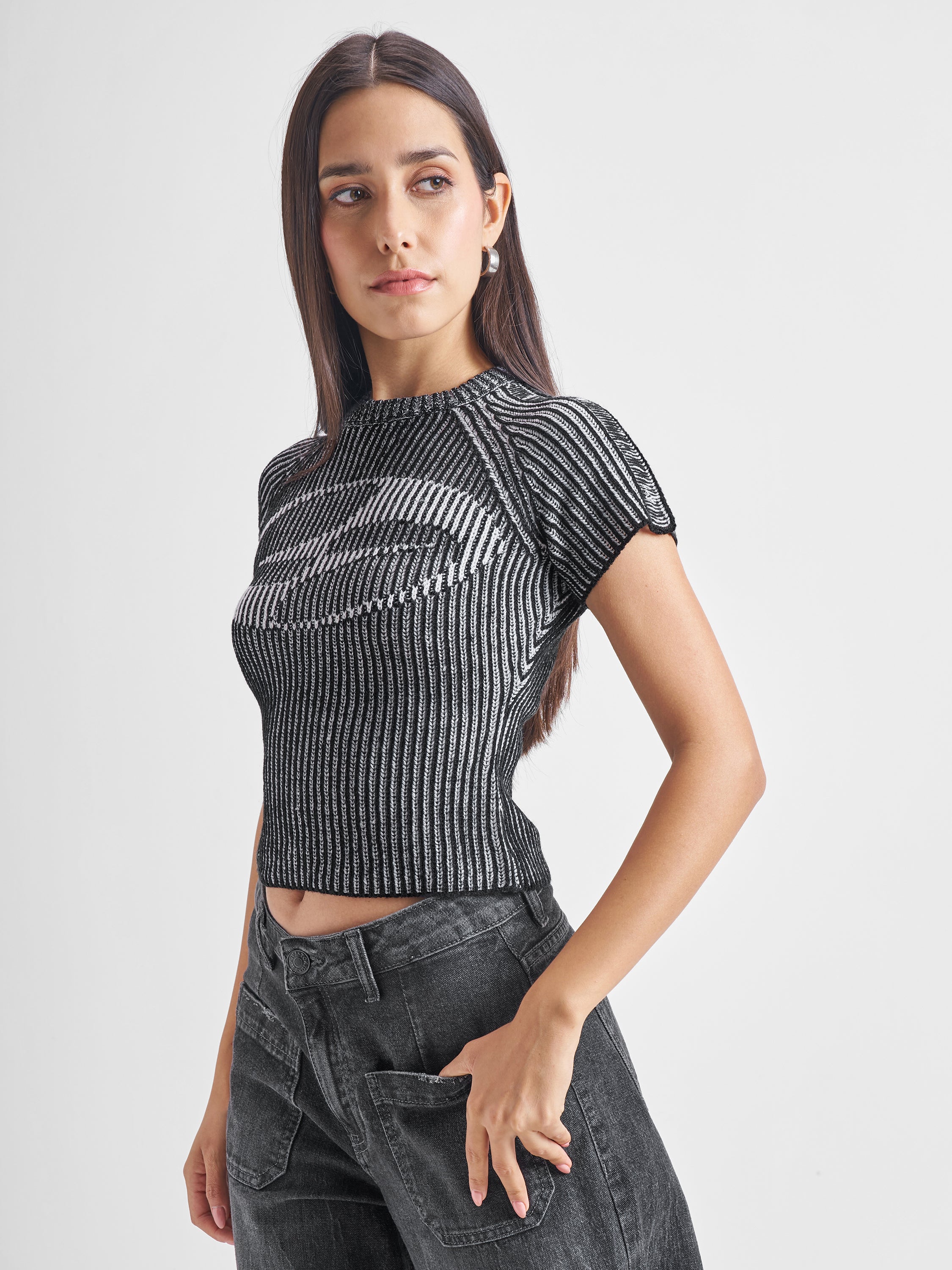 Tokyo Talkies Women Black Round Neck Sweater - Black - Image 4
