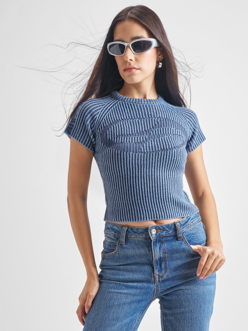 Tokyo Talkies Women Blue Round Neck Sweater - Blue - Image 1
