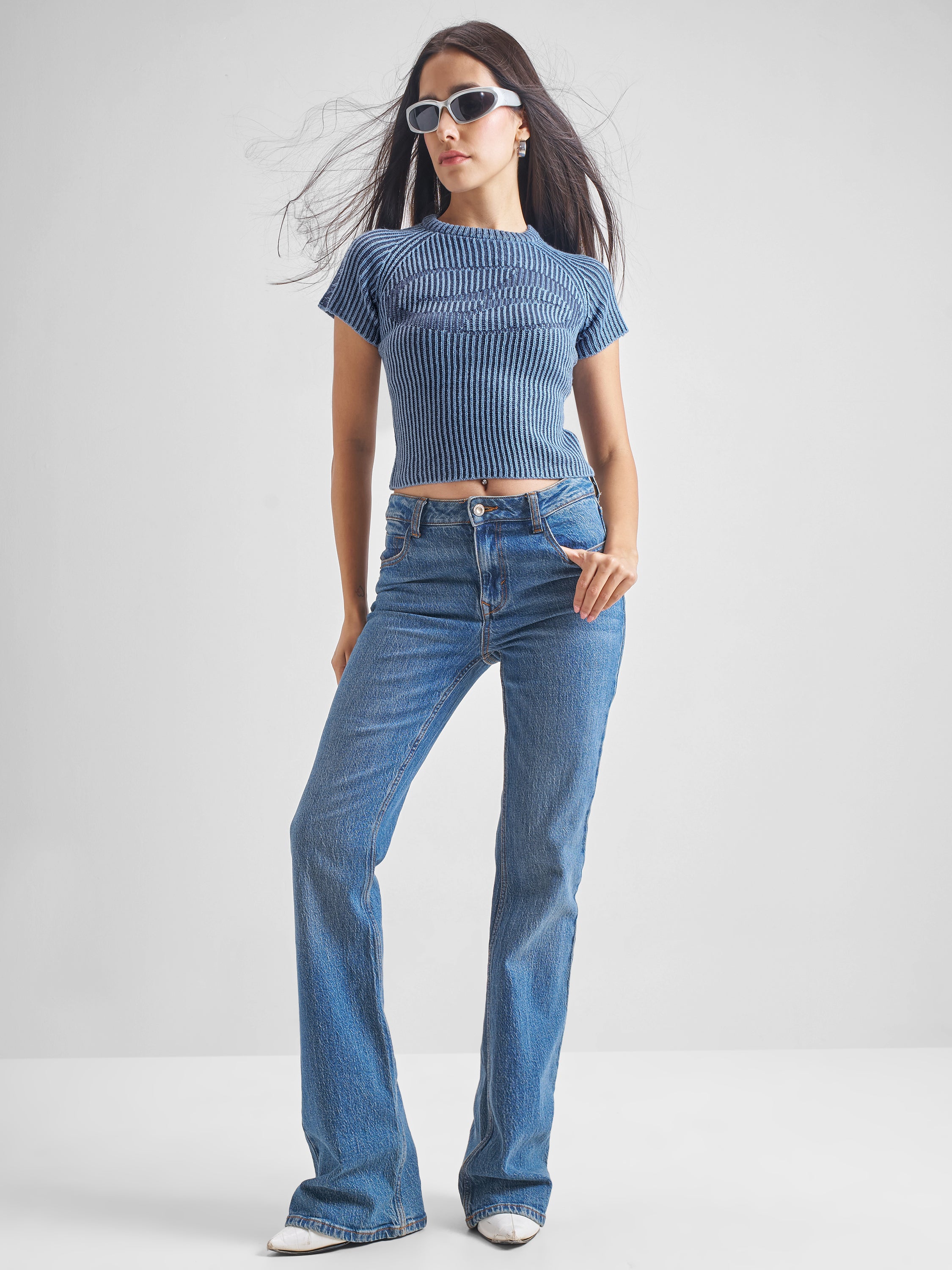 Tokyo Talkies Women Blue Round Neck Sweater - Blue - Image 2
