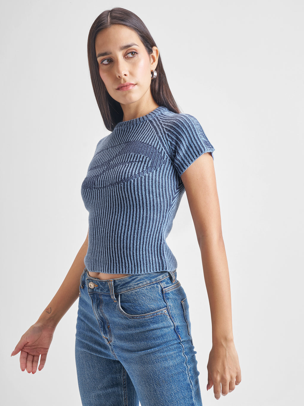 Tokyo Talkies Women Blue Round Neck Sweater - Blue - Image 4
