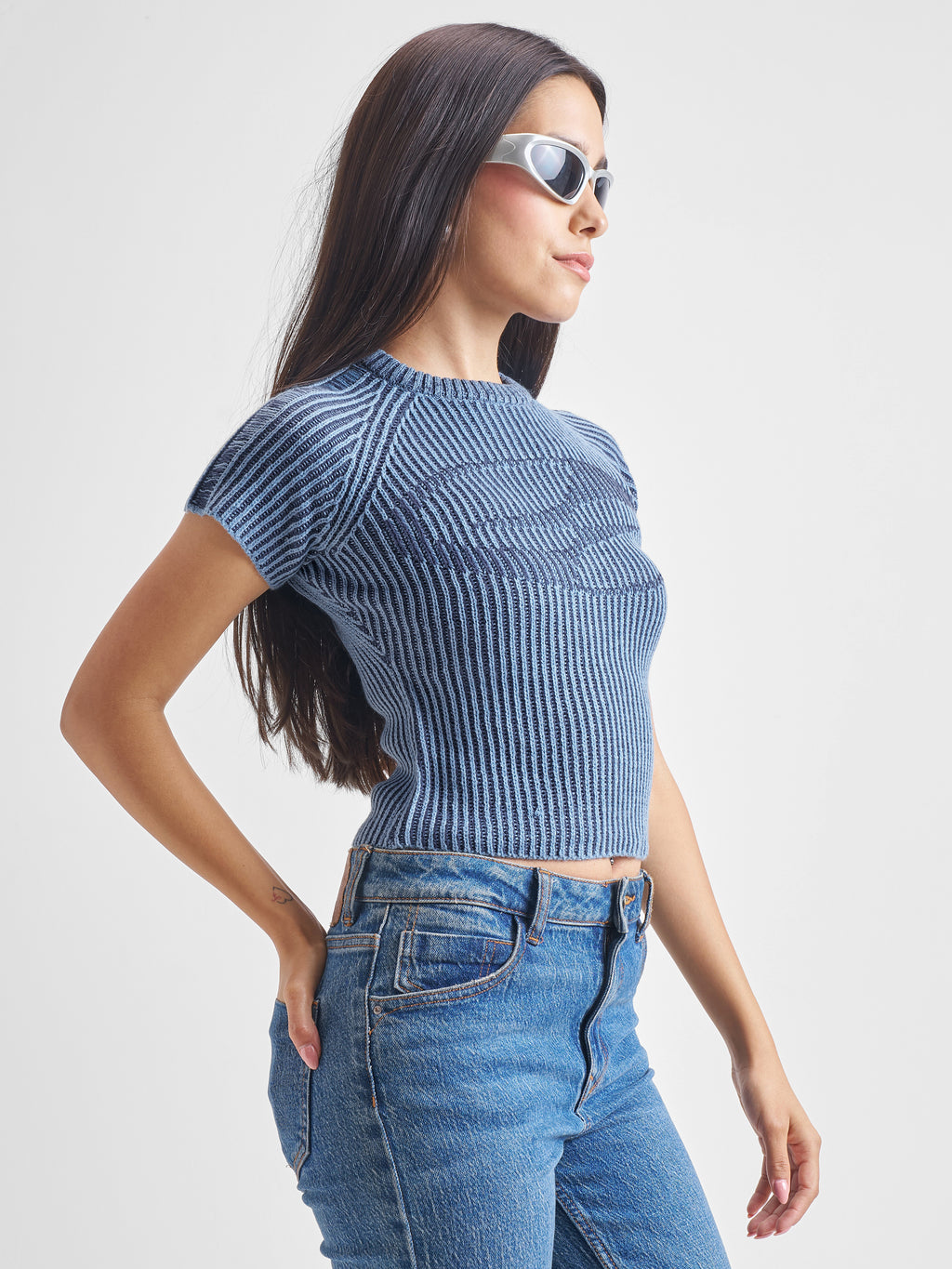 Tokyo Talkies Women Blue Round Neck Sweater - Blue - Image 6