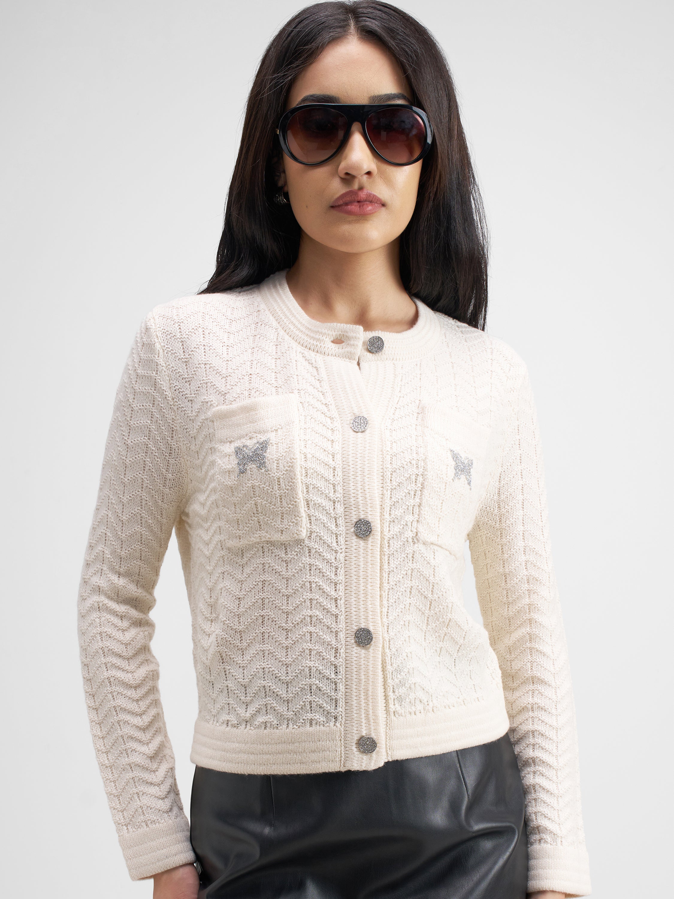 Tokyo Talkies Women Off White Round Neck Sweater - Off White - Image 1