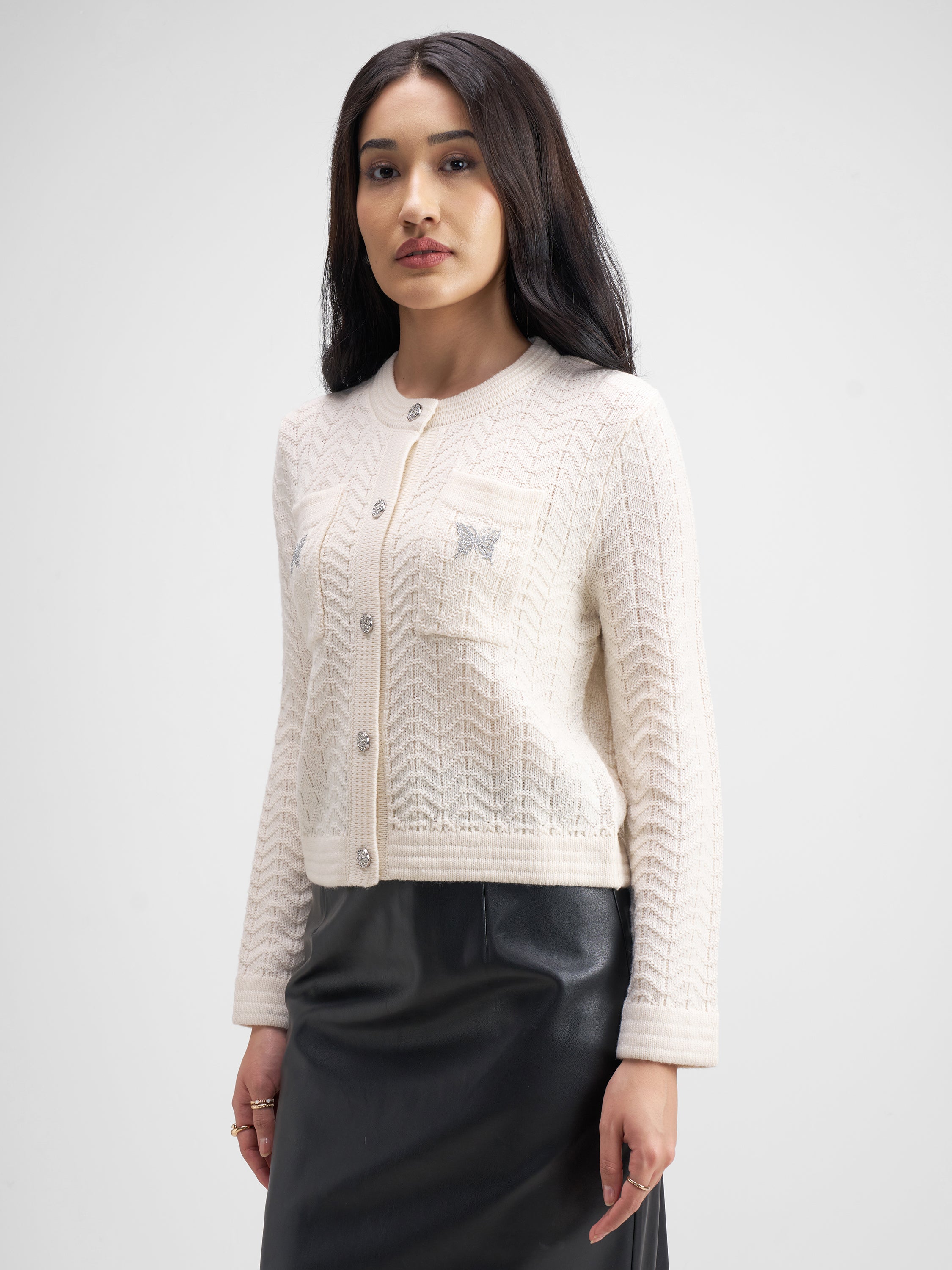 Tokyo Talkies Women Off White Round Neck Sweater - Off White - Image 4