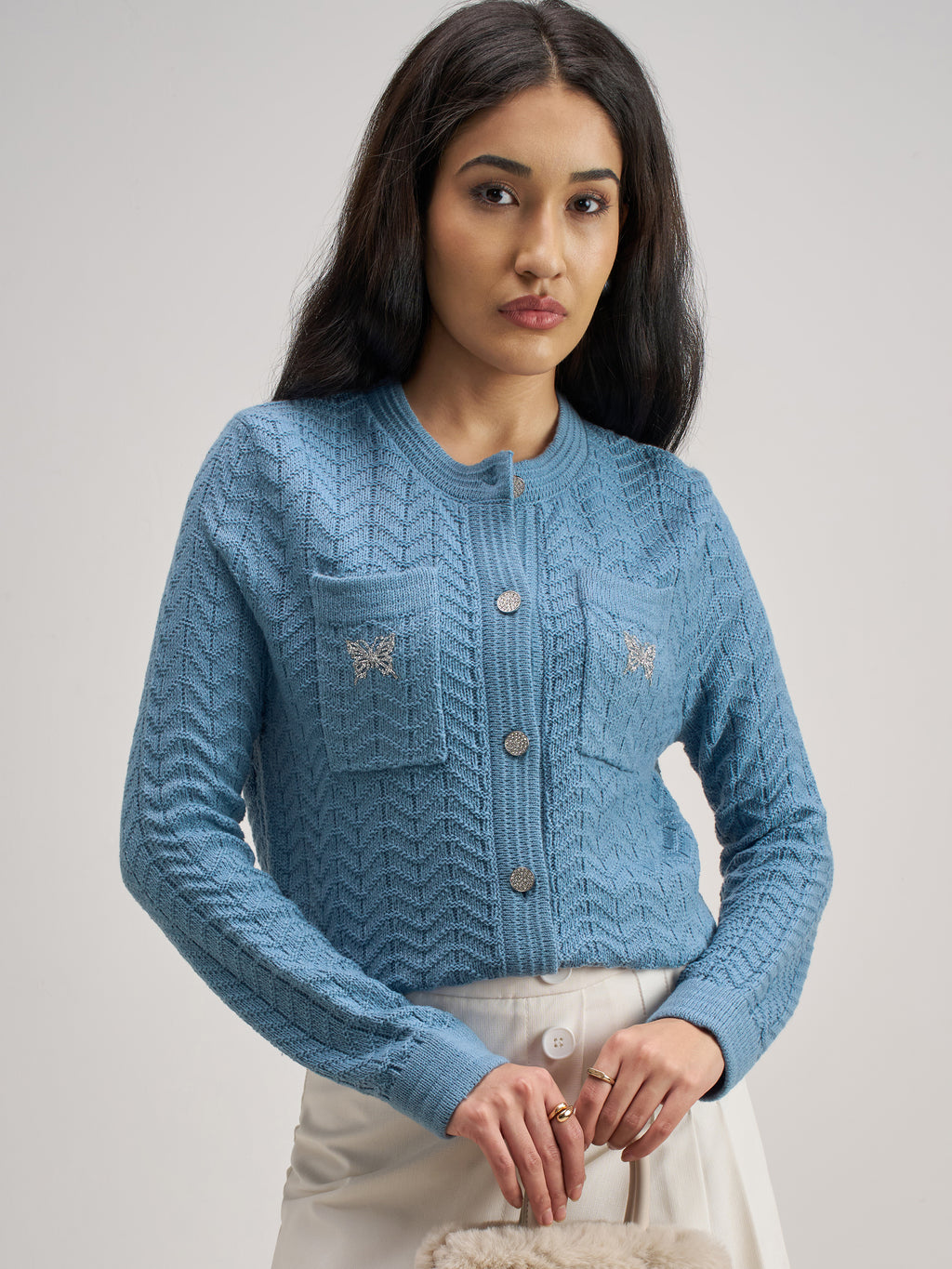 Tokyo Talkies Women Blue Round Neck Sweater - Blue - Image 1