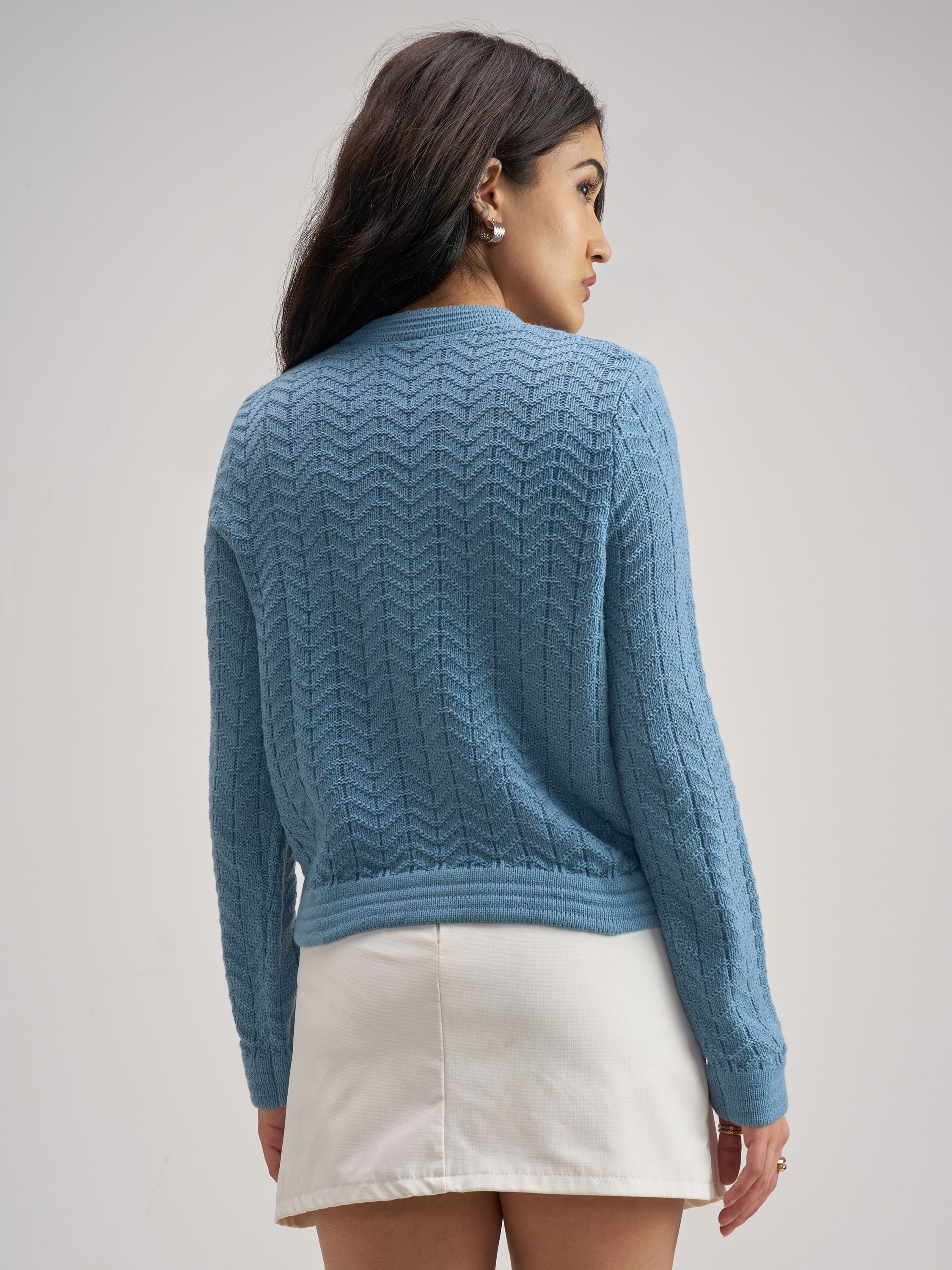 Tokyo Talkies Women Blue Round Neck Sweater - Blue - Image 3