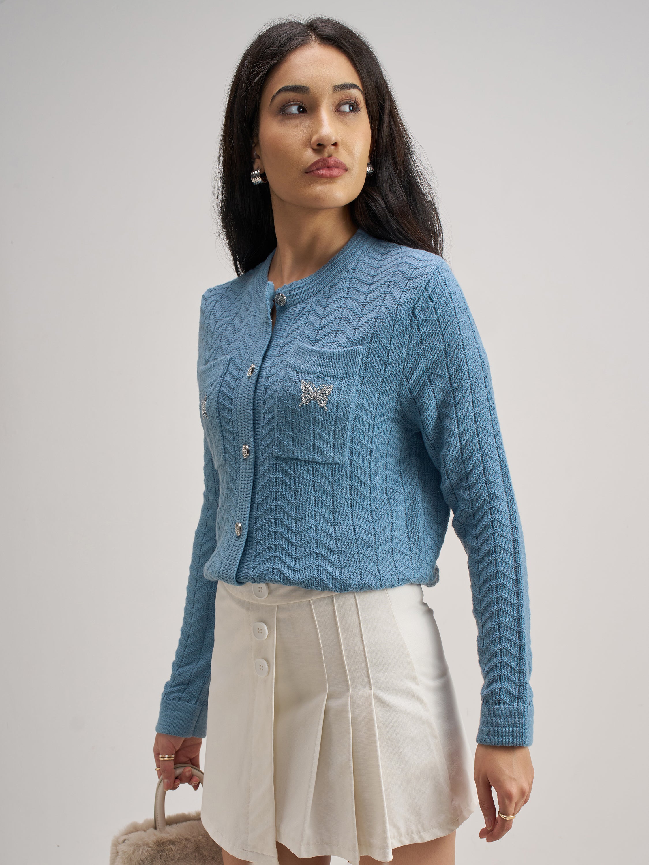 Tokyo Talkies Women Blue Round Neck Sweater - Blue - Image 4