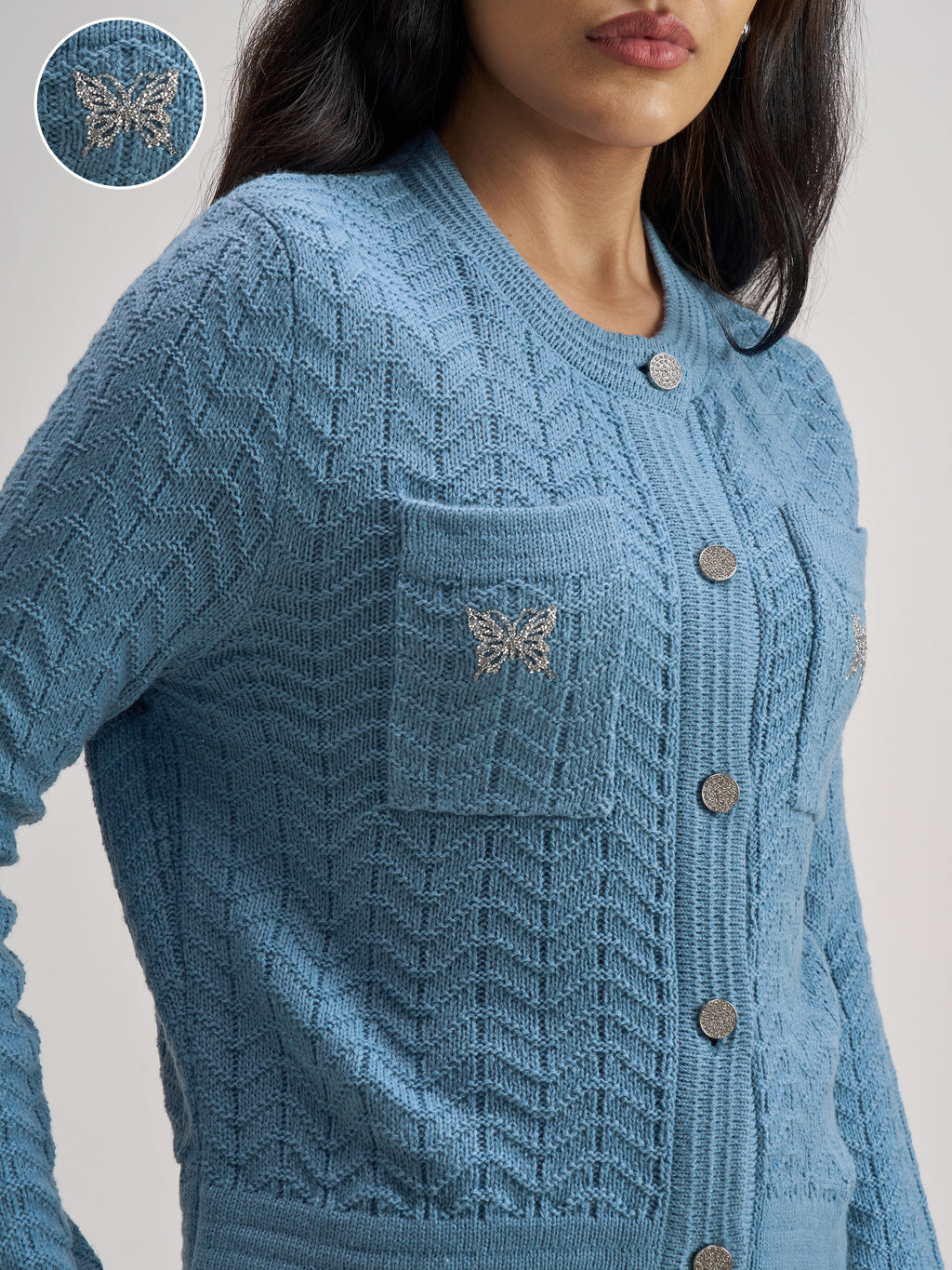 Tokyo Talkies Women Blue Round Neck Sweater - Blue - Image 5