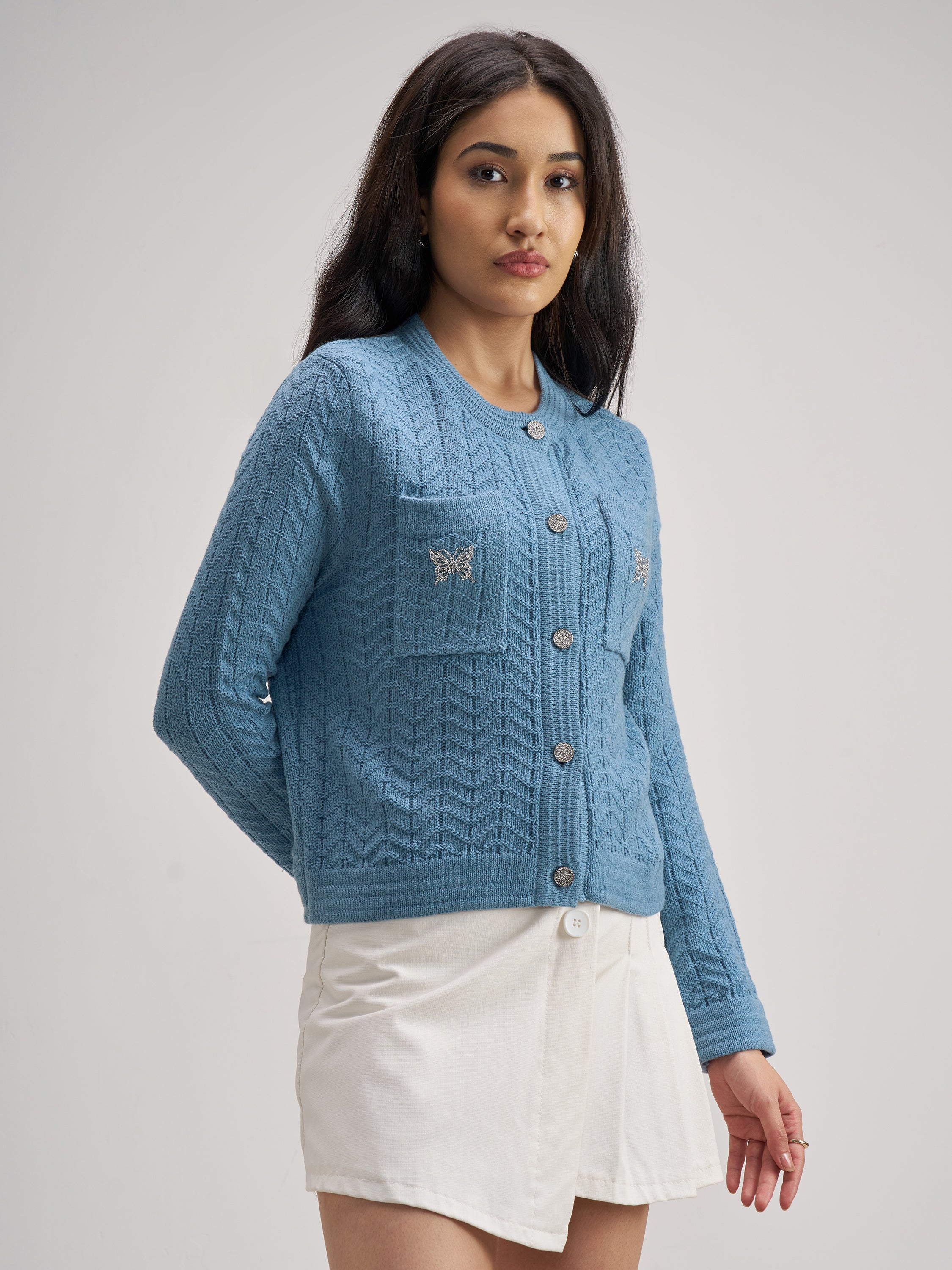 Tokyo Talkies Women Blue Round Neck Sweater - Blue - Image 6
