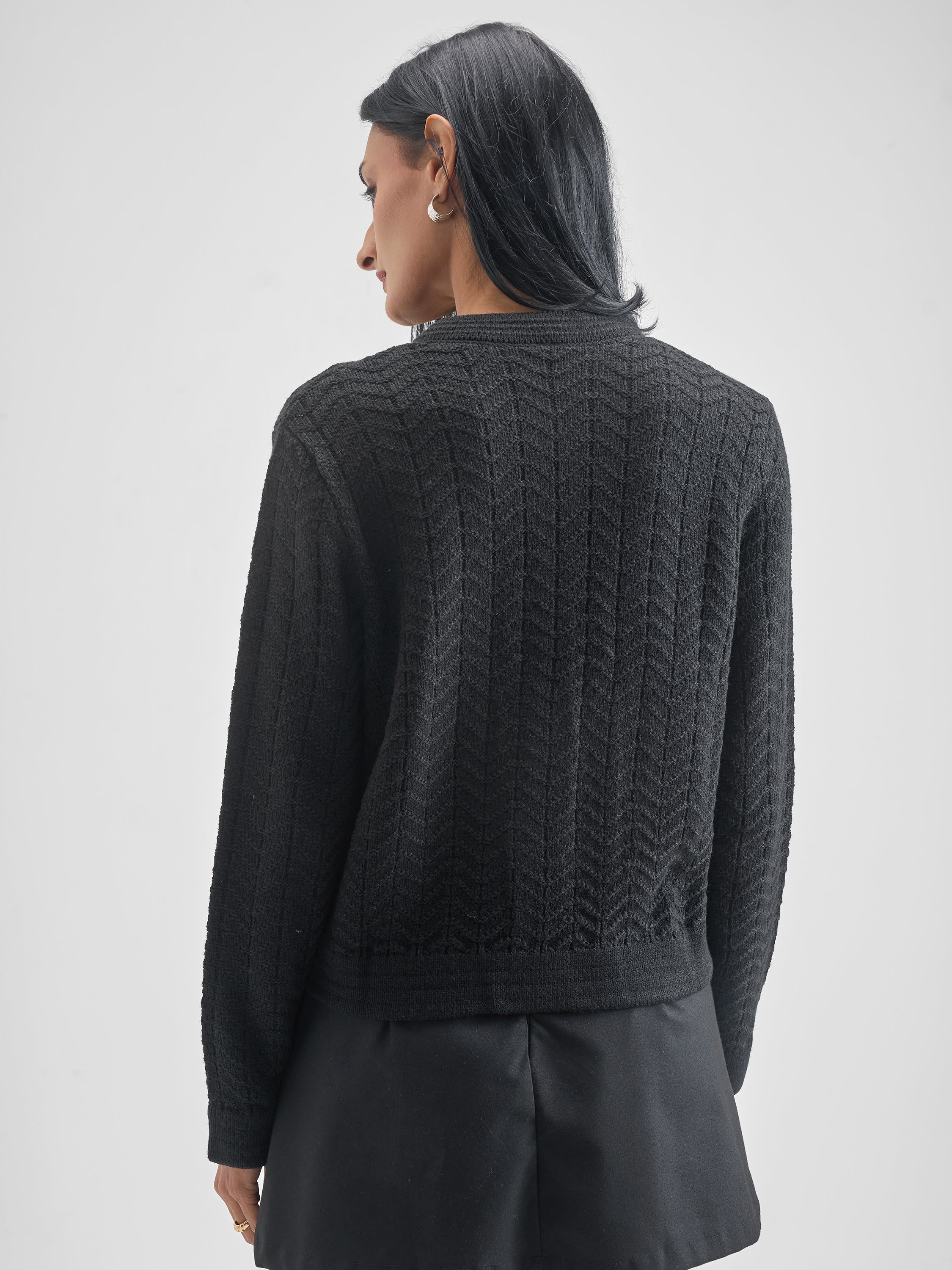 Tokyo Talkies Women Black Round Neck Sweater - Black - Image 3