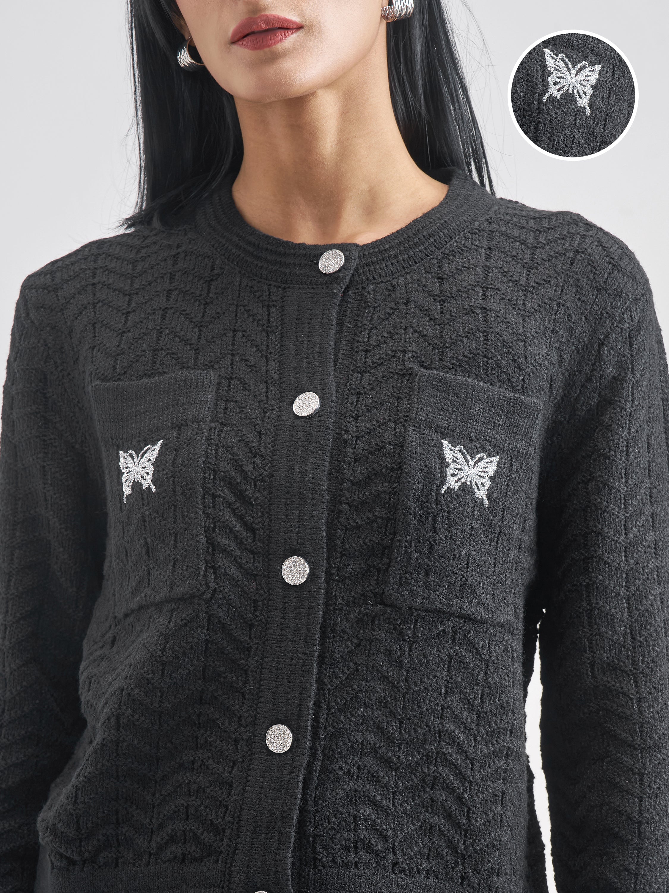 Tokyo Talkies Women Black Round Neck Sweater - Black - Image 5