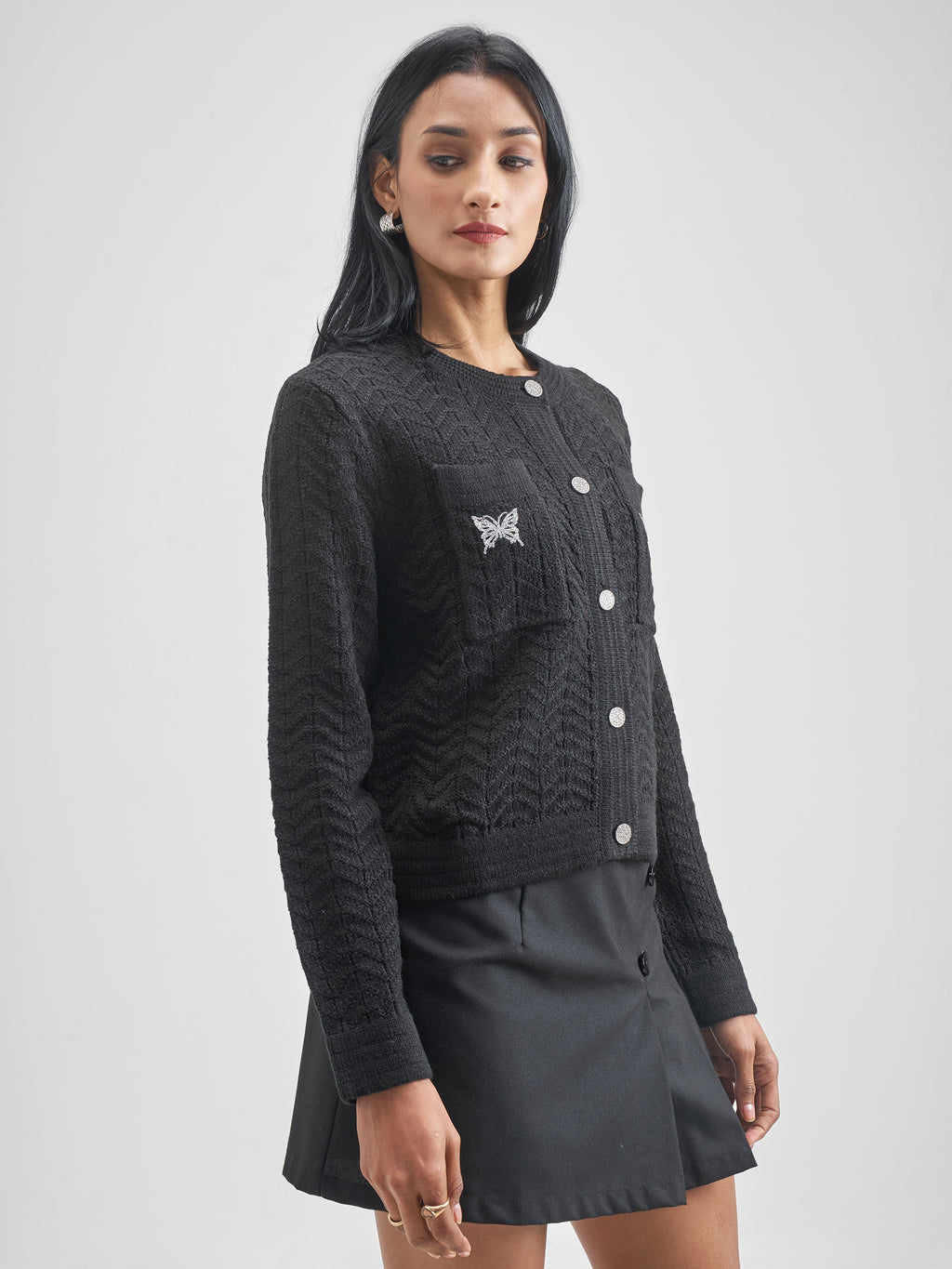 Tokyo Talkies Women Black Round Neck Sweater - Black - Image 6