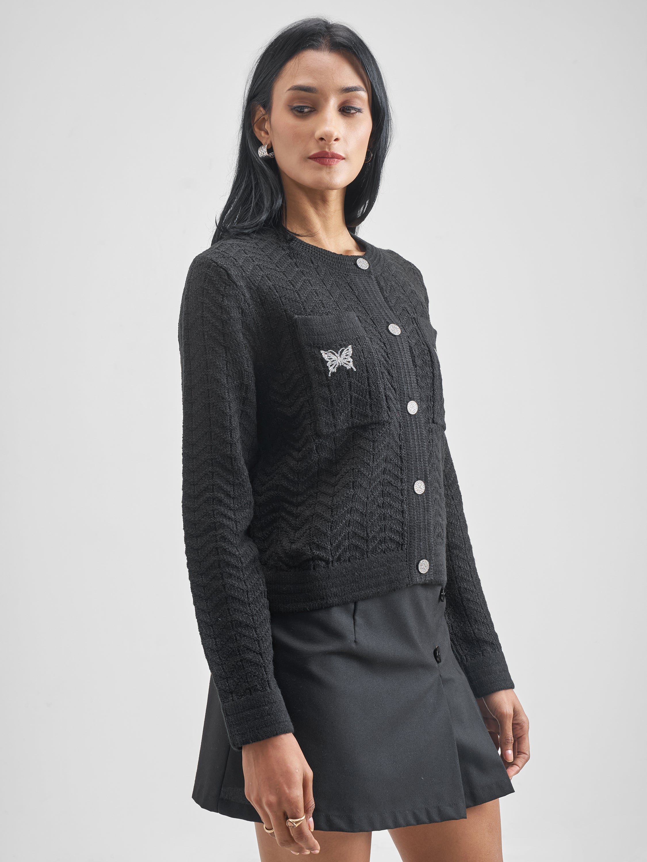 Tokyo Talkies Women Black Round Neck Sweater - Black - Image 6