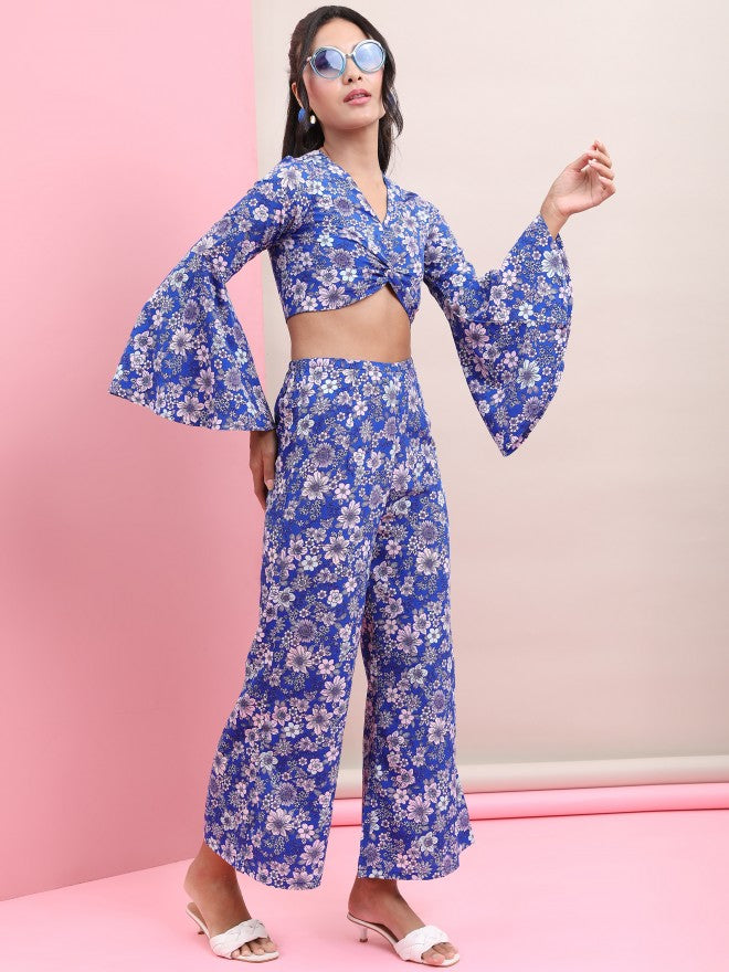 Tokyo Talkies Women Blue Crop Top With Trouser Co-Ords - Blue - Image 1