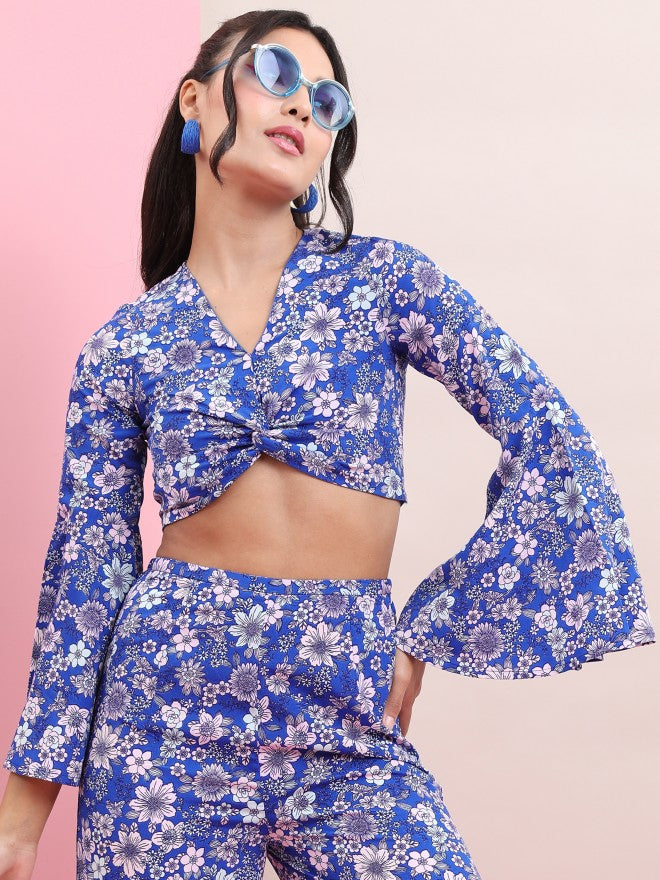 Tokyo Talkies Women Blue Crop Top With Trouser Co-Ords - Blue - Image 2