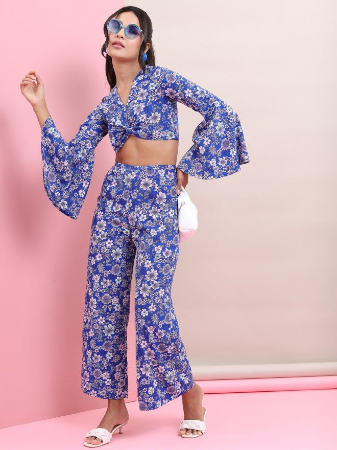 Tokyo Talkies Women Blue Crop Top With Trouser Co-Ords - Blue - Image 4