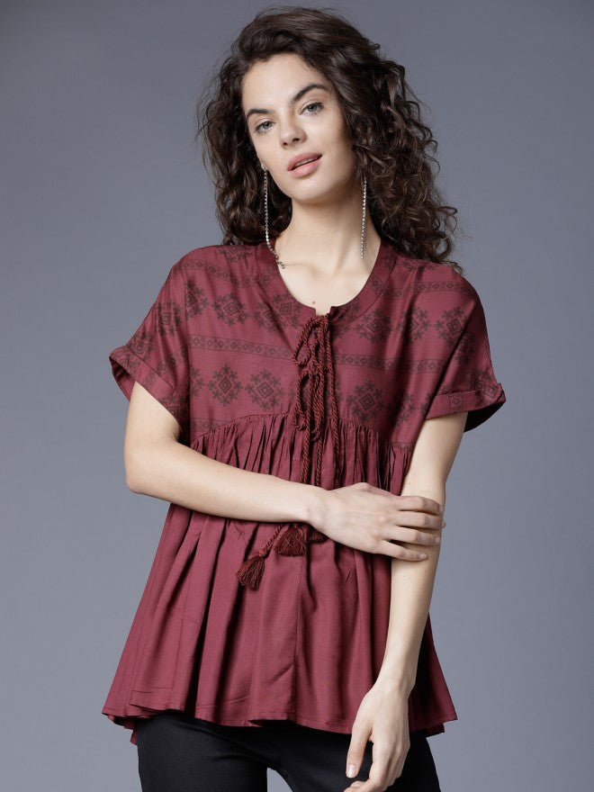 Women Maroon Printed Peplum Top - Maroon - Image 2