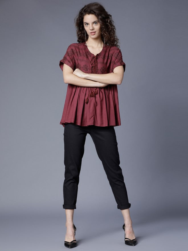 Women Maroon Printed Peplum Top - Maroon - Image 1