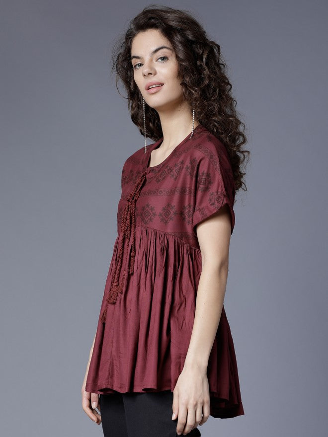 Women Maroon Printed Peplum Top - Maroon - Image 4