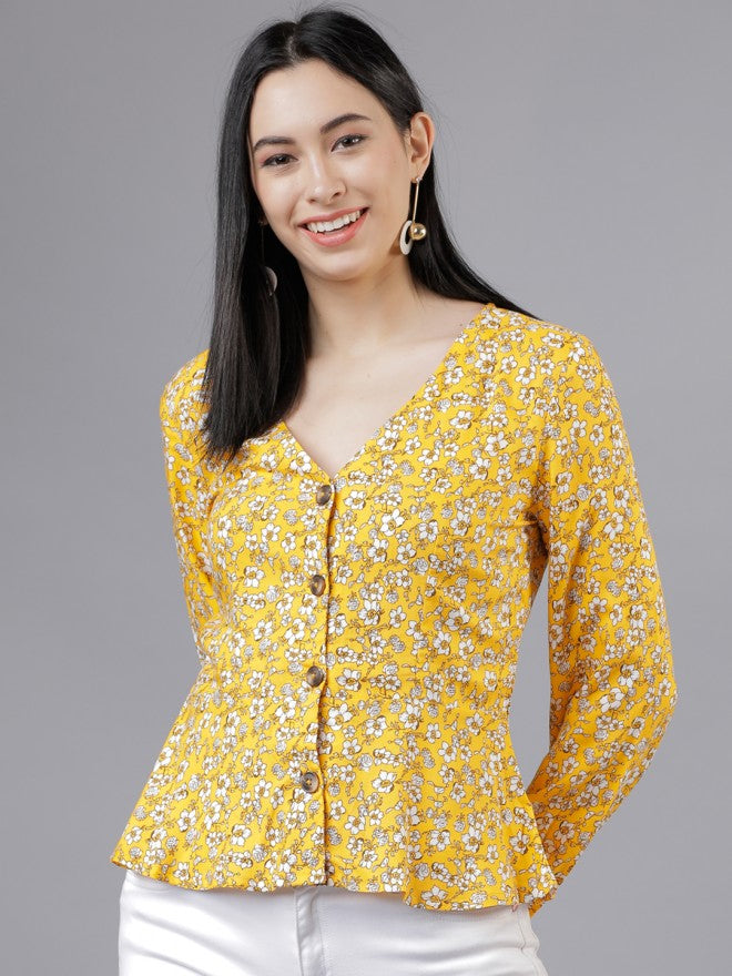Women Yellow Floral Printed Peplum Top - Yellow - Image 2