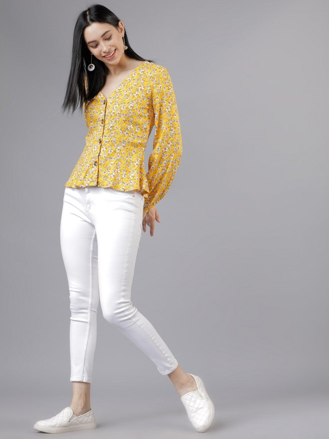 Women Yellow Floral Printed Peplum Top - Yellow - Image 1