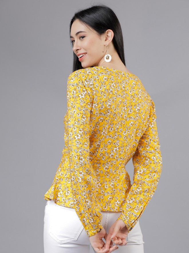Women Yellow Floral Printed Peplum Top - Yellow - Image 3