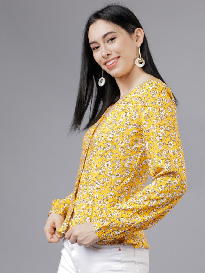 Women Yellow Floral Printed Peplum Top - Yellow - Image 4