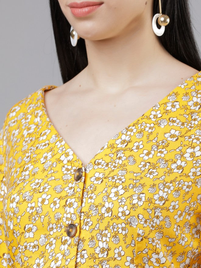 Women Yellow Floral Printed Peplum Top - Yellow - Image 5