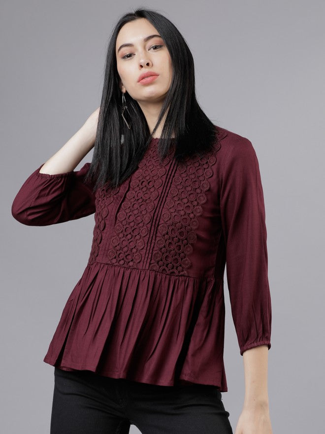 Women Burgundy Solid Peplum Top - Burgundy - Image 2