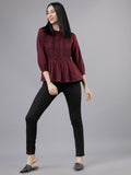 Women Burgundy Solid Peplum Top - Burgundy - Image 1
