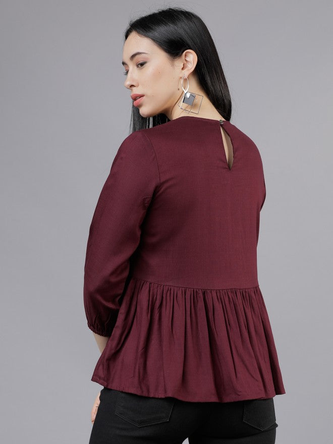 Women Burgundy Solid Peplum Top - Burgundy - Image 3