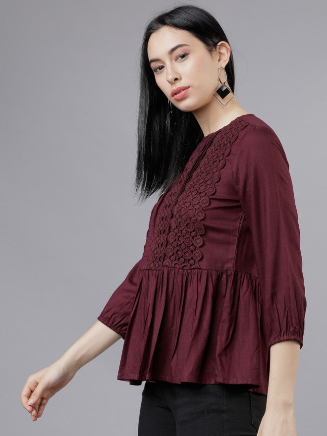 Women Burgundy Solid Peplum Top - Burgundy - Image 4